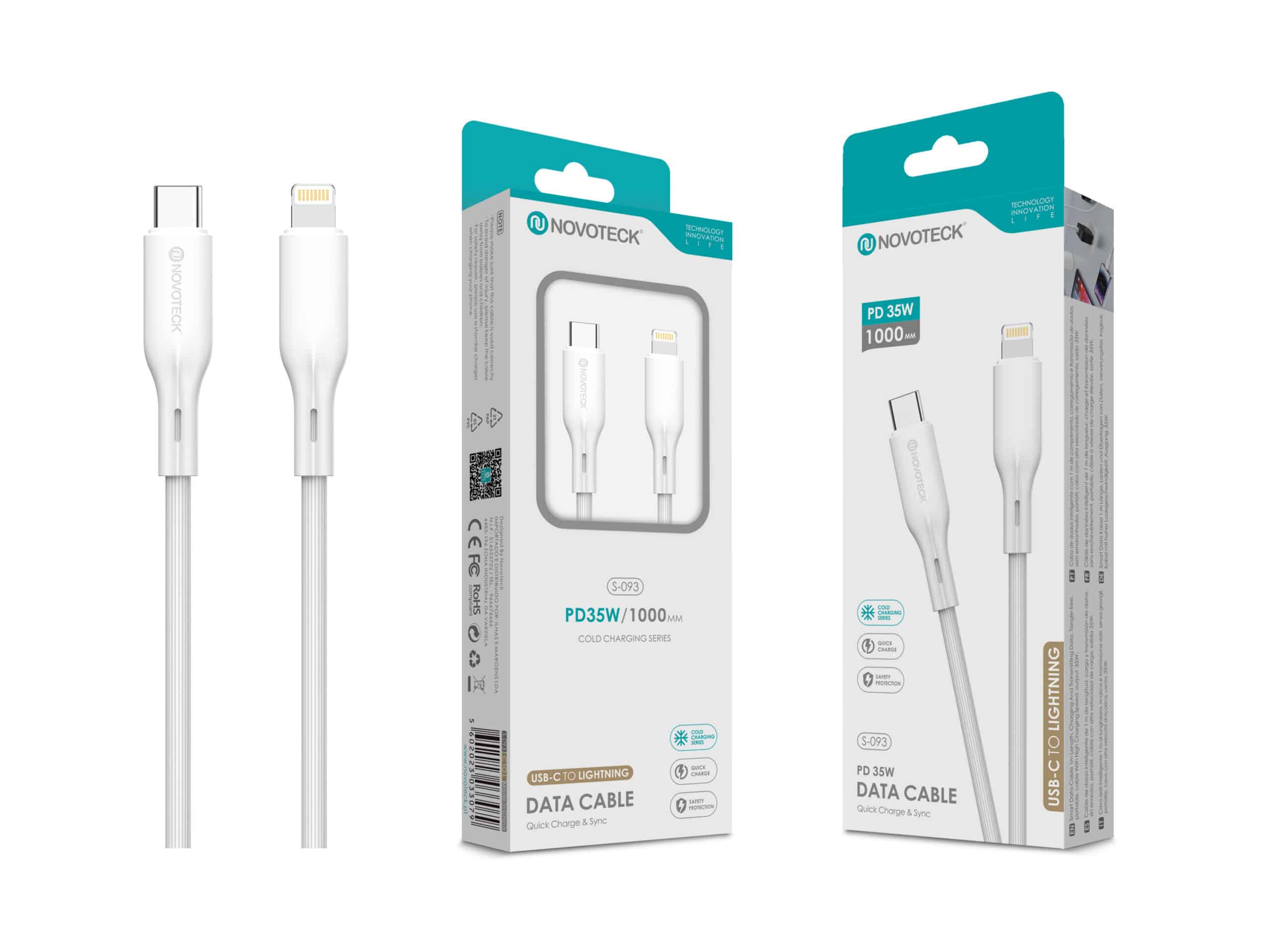 Due cavi Novoteck da USB-C a Lightning bianchi, uno imballato, uno fuori.