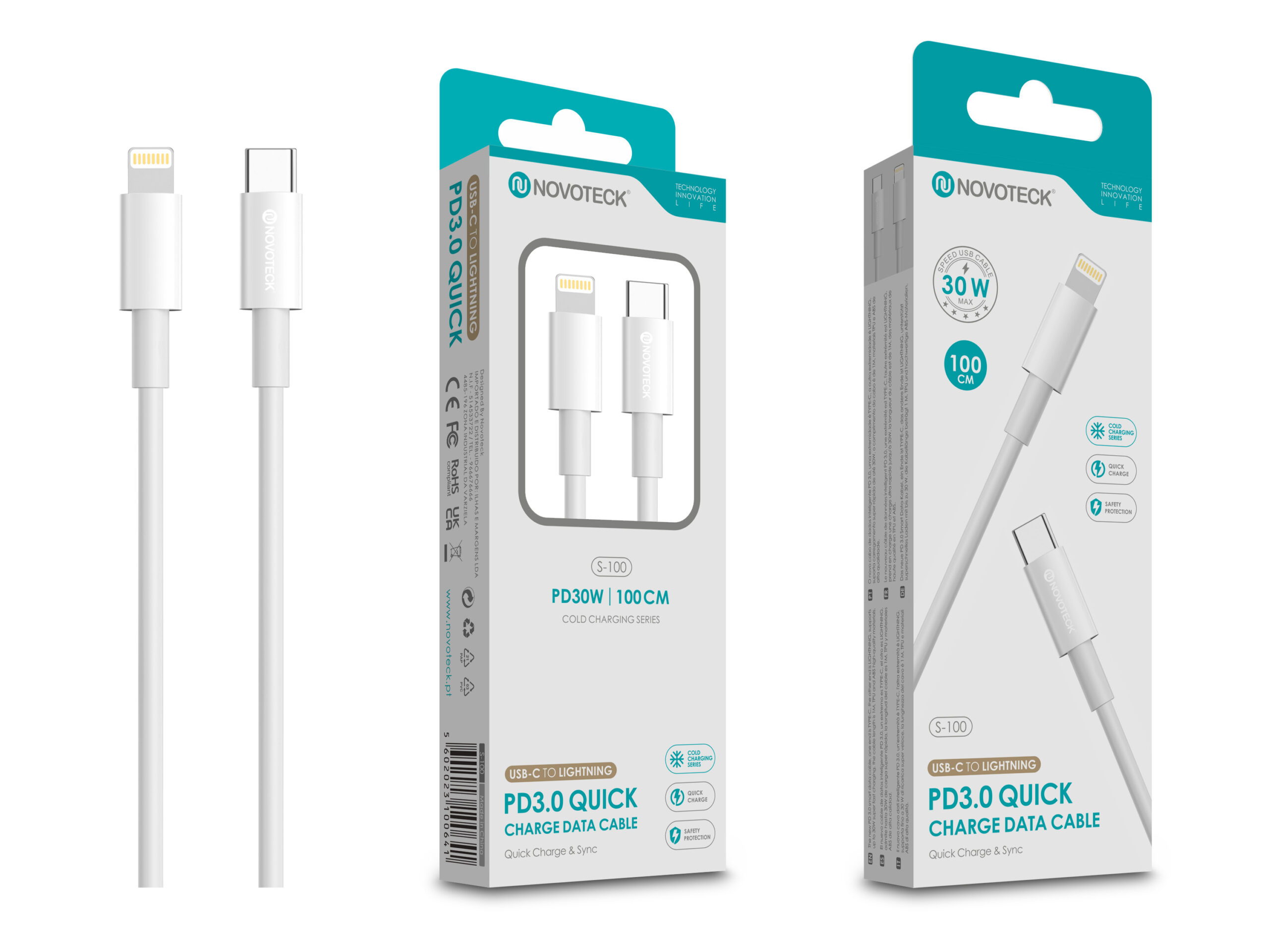 Cable blanco USB-C a Lightning con embalaje. Carga rápida de 30W.