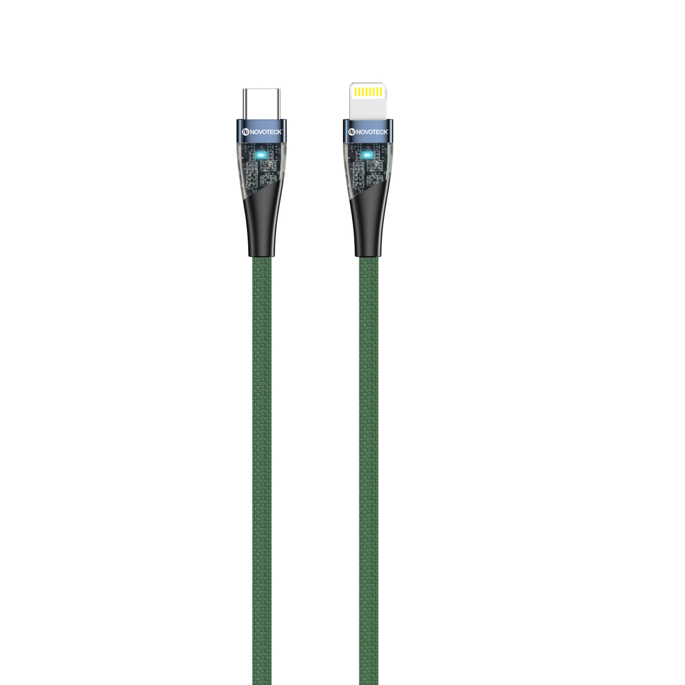 Due cavi di ricarica verdi uno accanto all'altro, USB-C e Lightning.