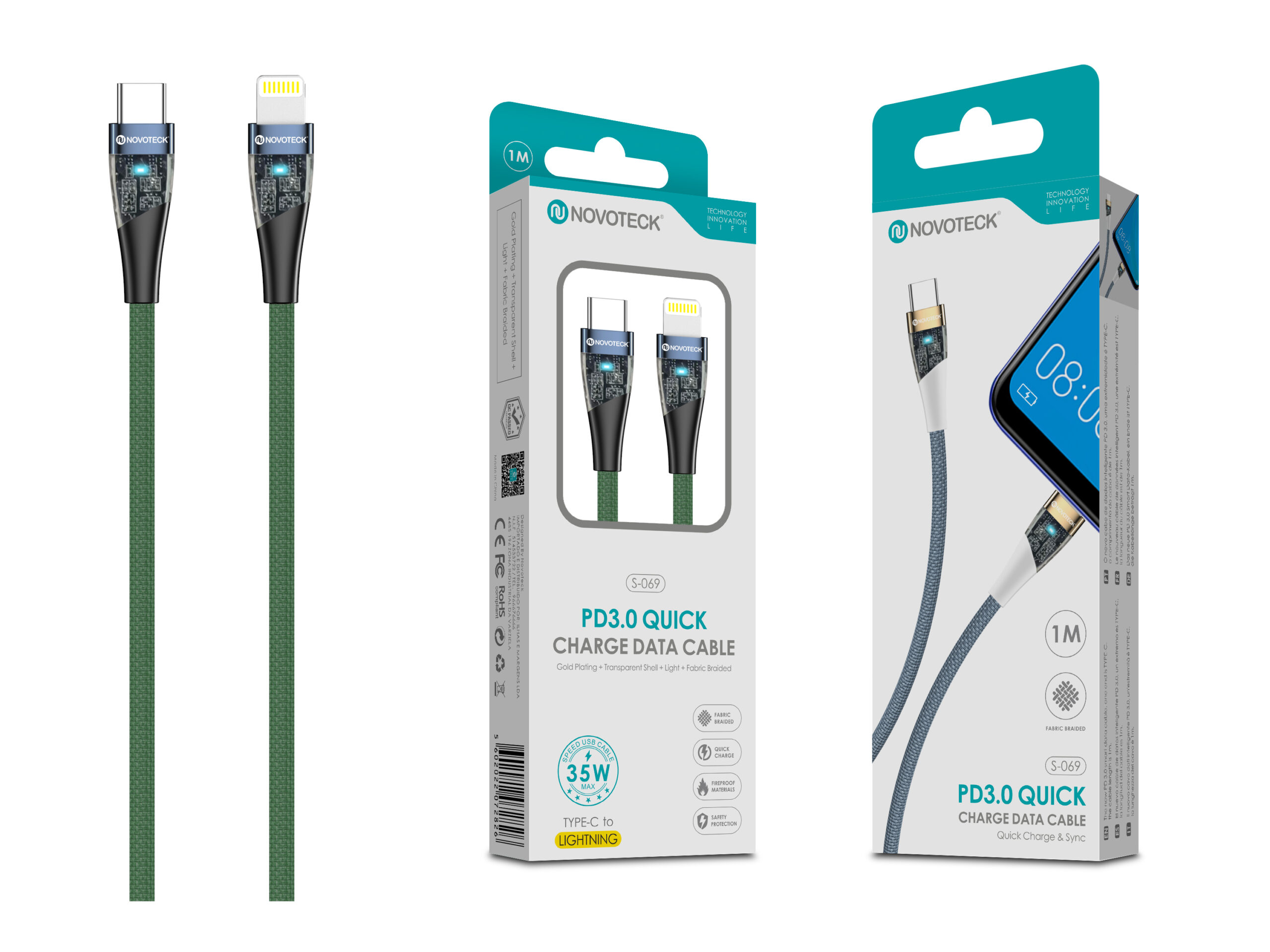Cavo NOVOTECK PD 3.0 con connettori USB-C e Lightning. Verde e bianco.