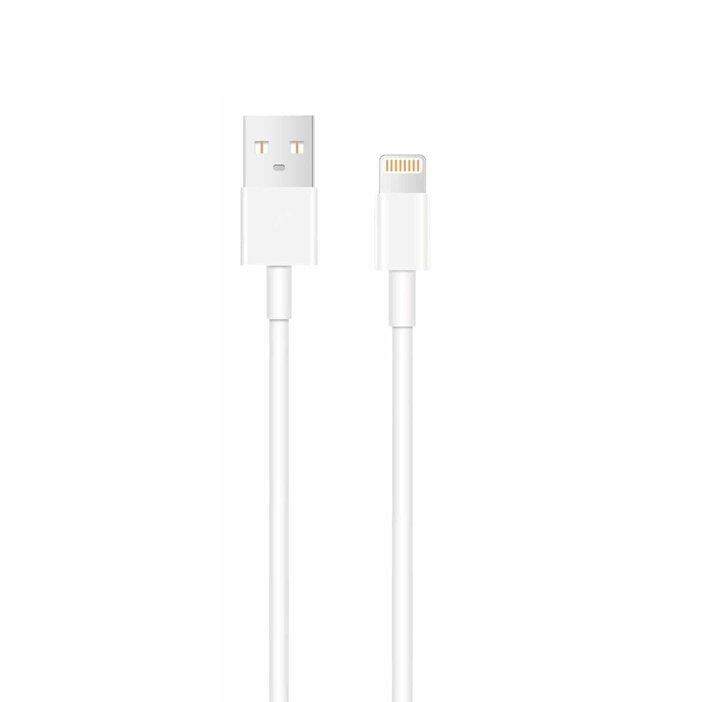 Un cavo da USB-A a Lightning bianco su sfondo bianco.