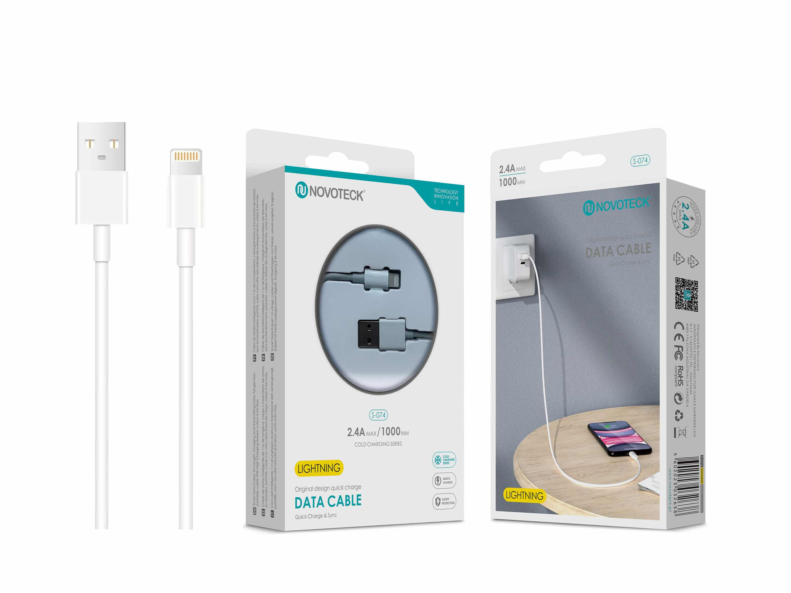 Confezione di un cavo di ricarica bianco con connettori USB e Lightning.