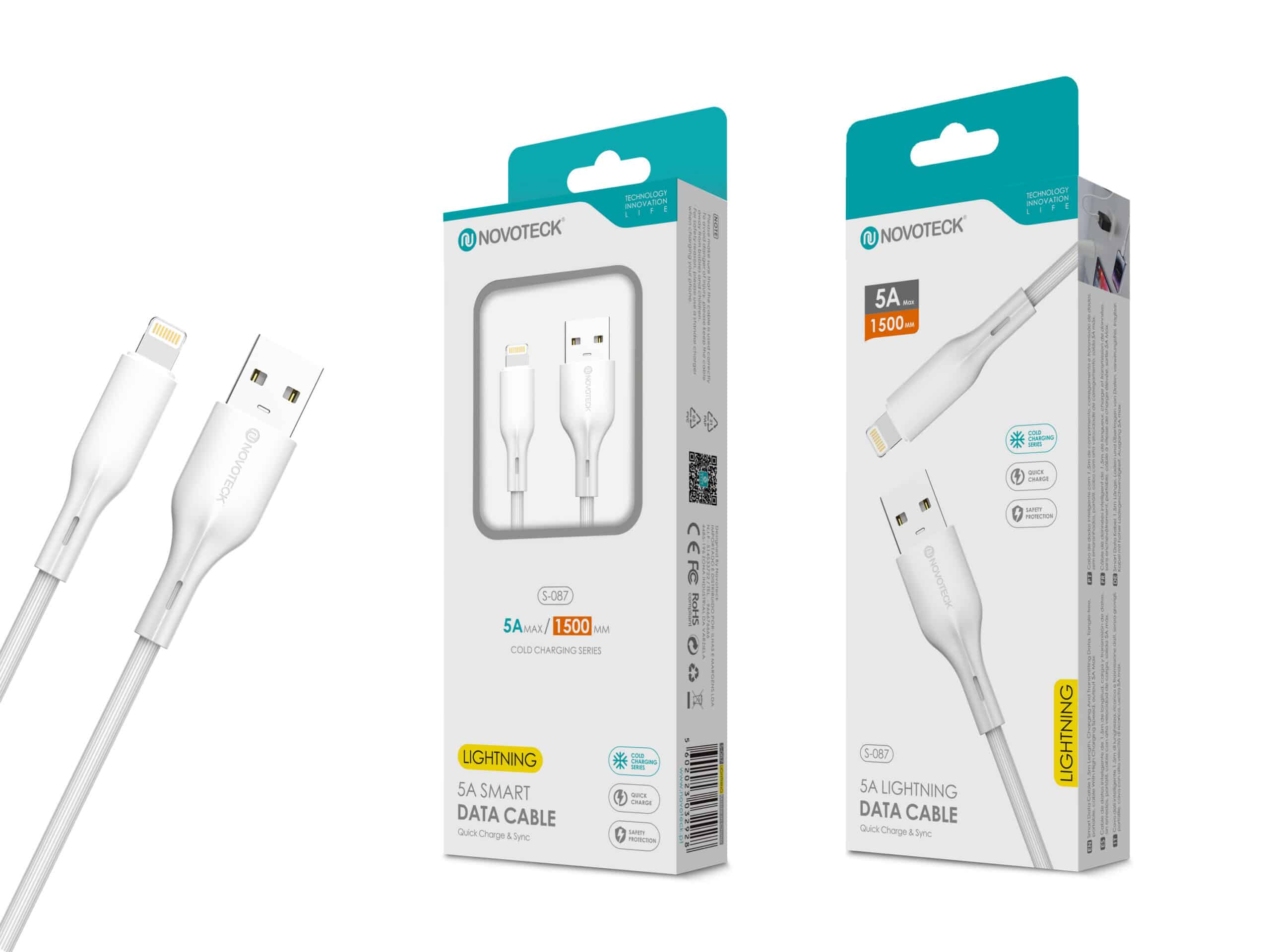 Due cavi di ricarica bianchi Novoteck con connettori Lightning e USB, confezionati.