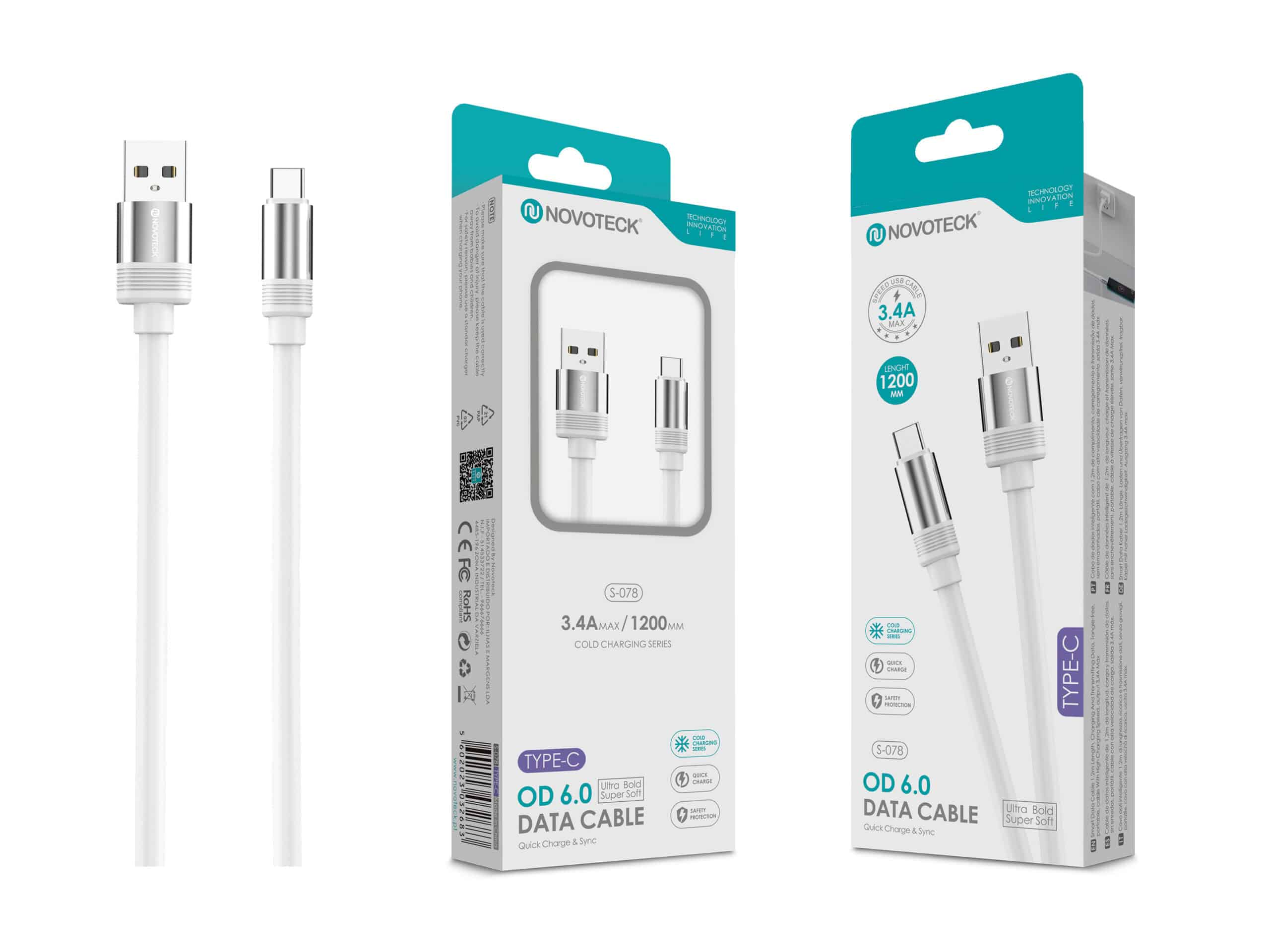 Un cable USB-C blanco con conectores plateados, empaquetado y desempaquetado.