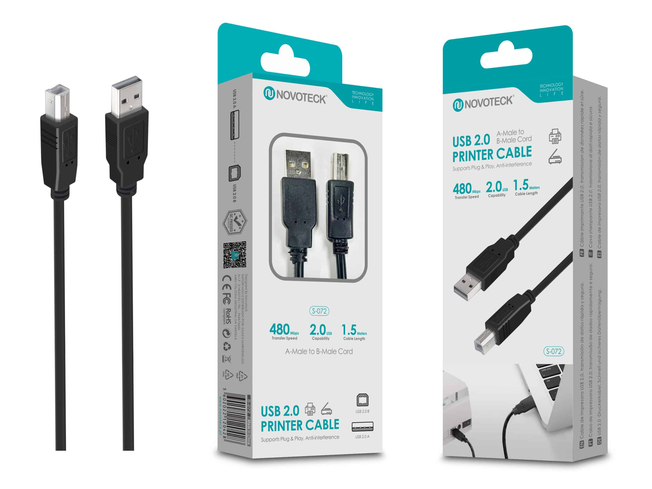Cable de impresora Novoteck USB 2.0, de macho A a macho B, 1.5m.