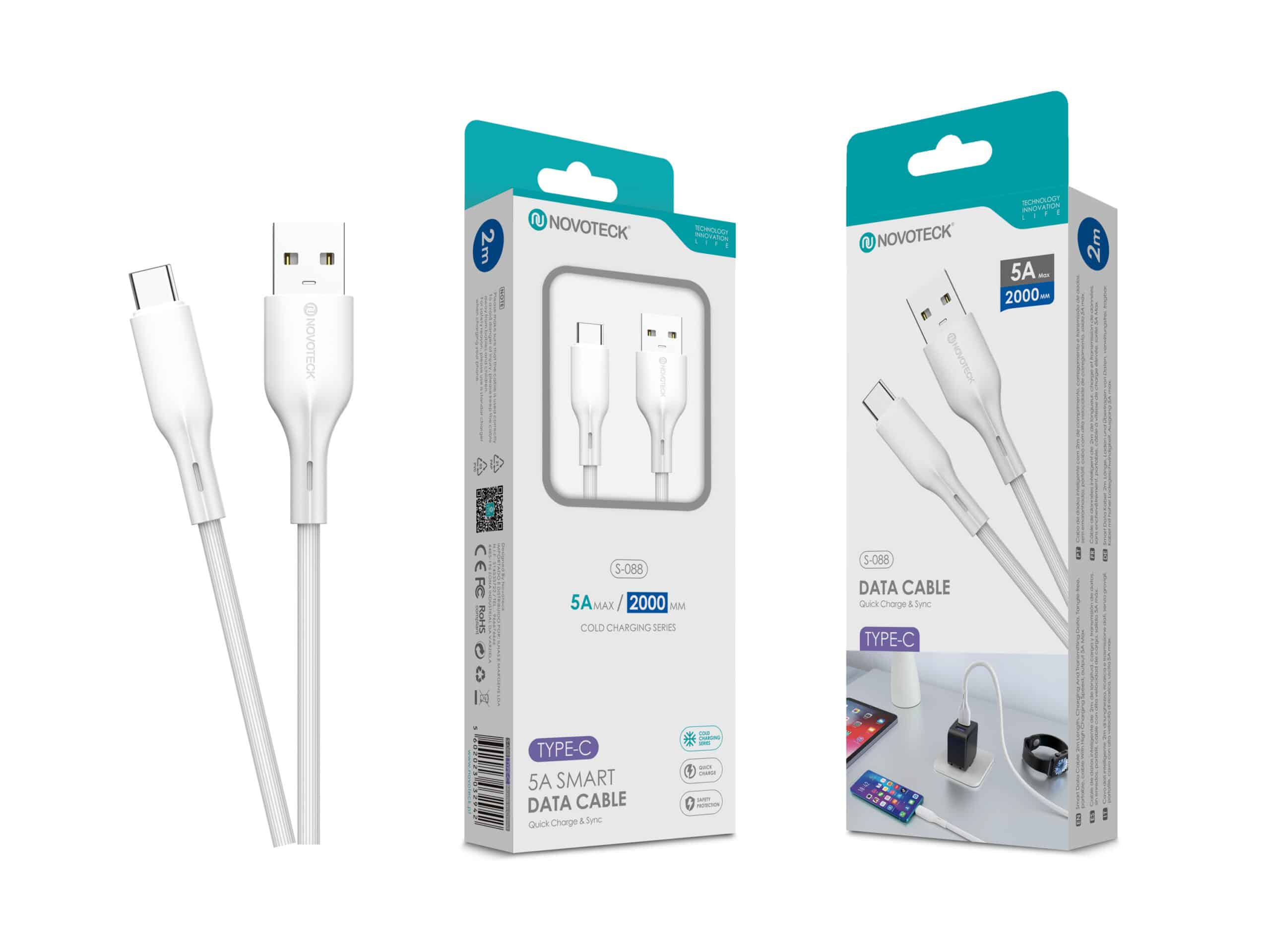 Dos cables de datos blancos NOVOTECK USB-C a USB-A yacen uno al lado del otro.