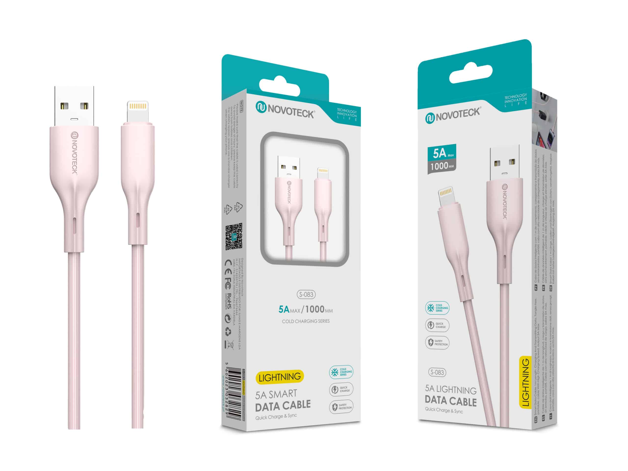 Due cavi dati rosa Novoteck Lightning con connettori USB-A e Lightning.