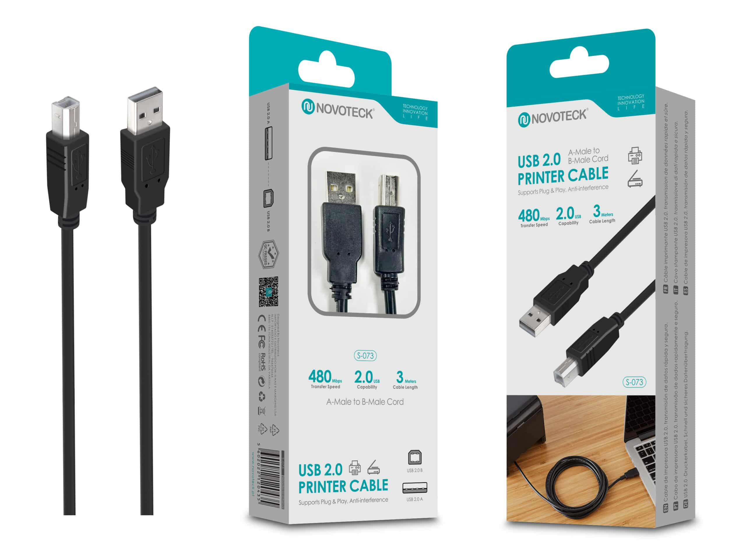 Cable de impresora Novoteck USB 2.0 A-Male a B-Male, 3 metros.