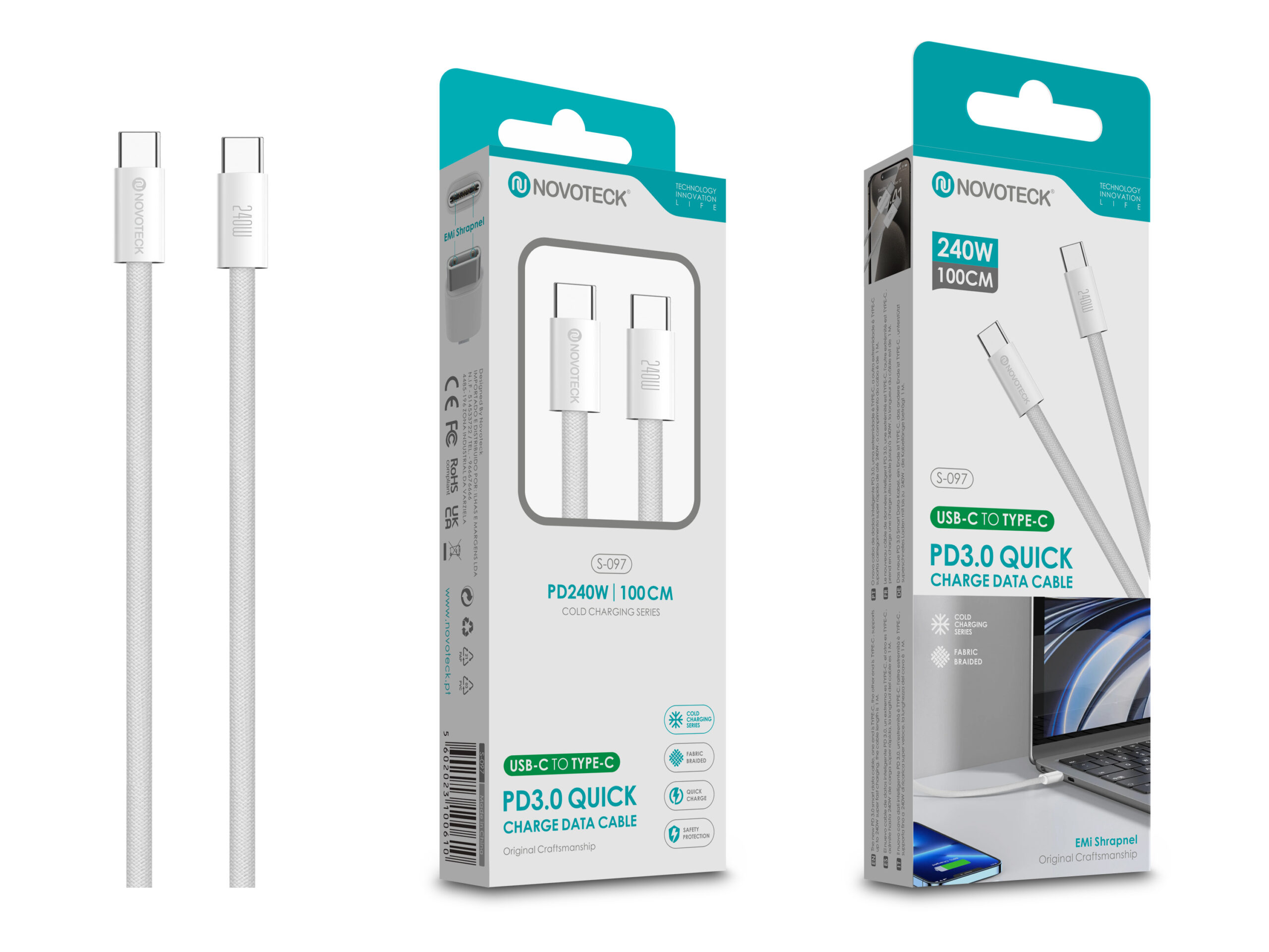 Dos cables blancos USB-C a USB-C con trenzado de tela en el embalaje.