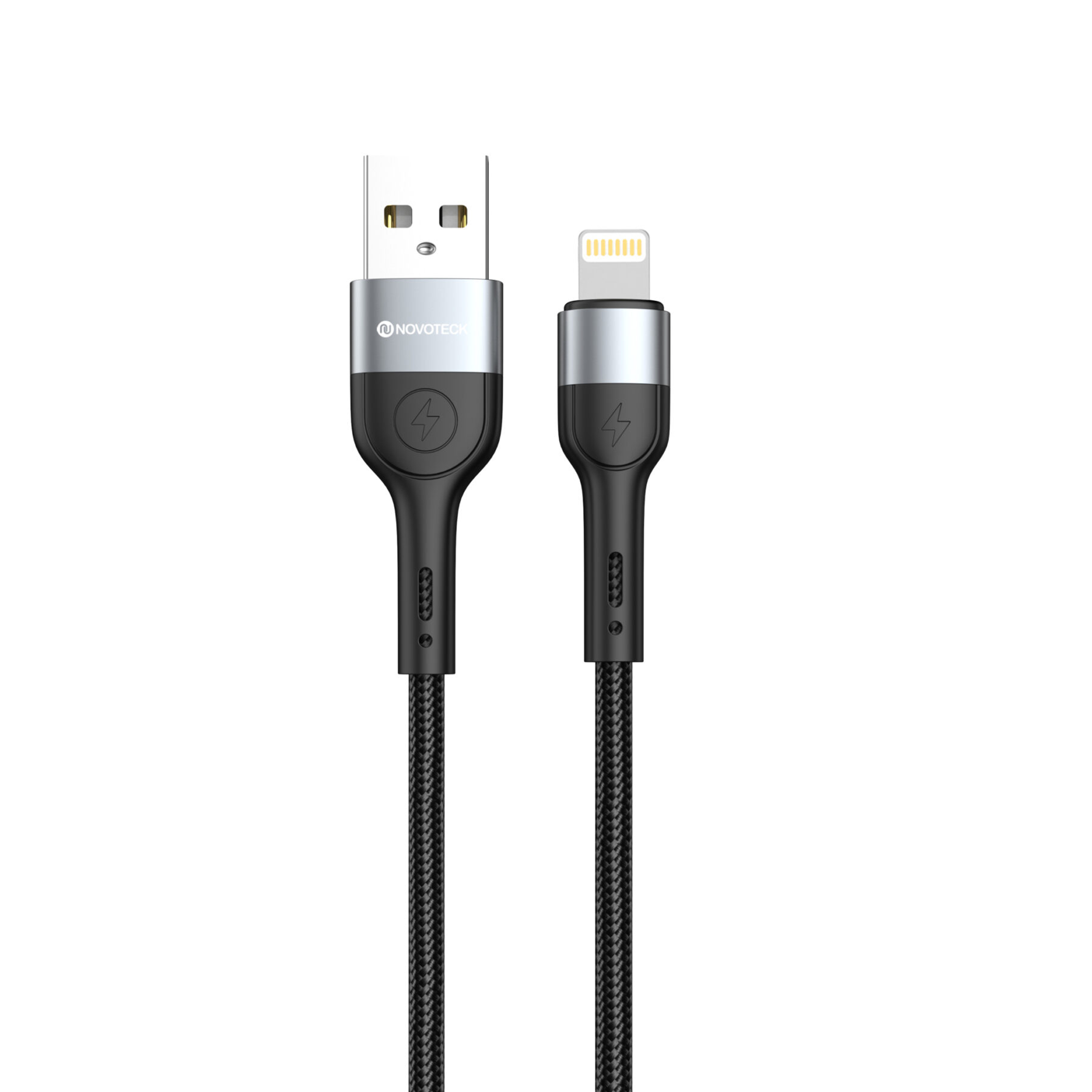 Un cavo di ricarica nero con connettori USB-A e Lightning.