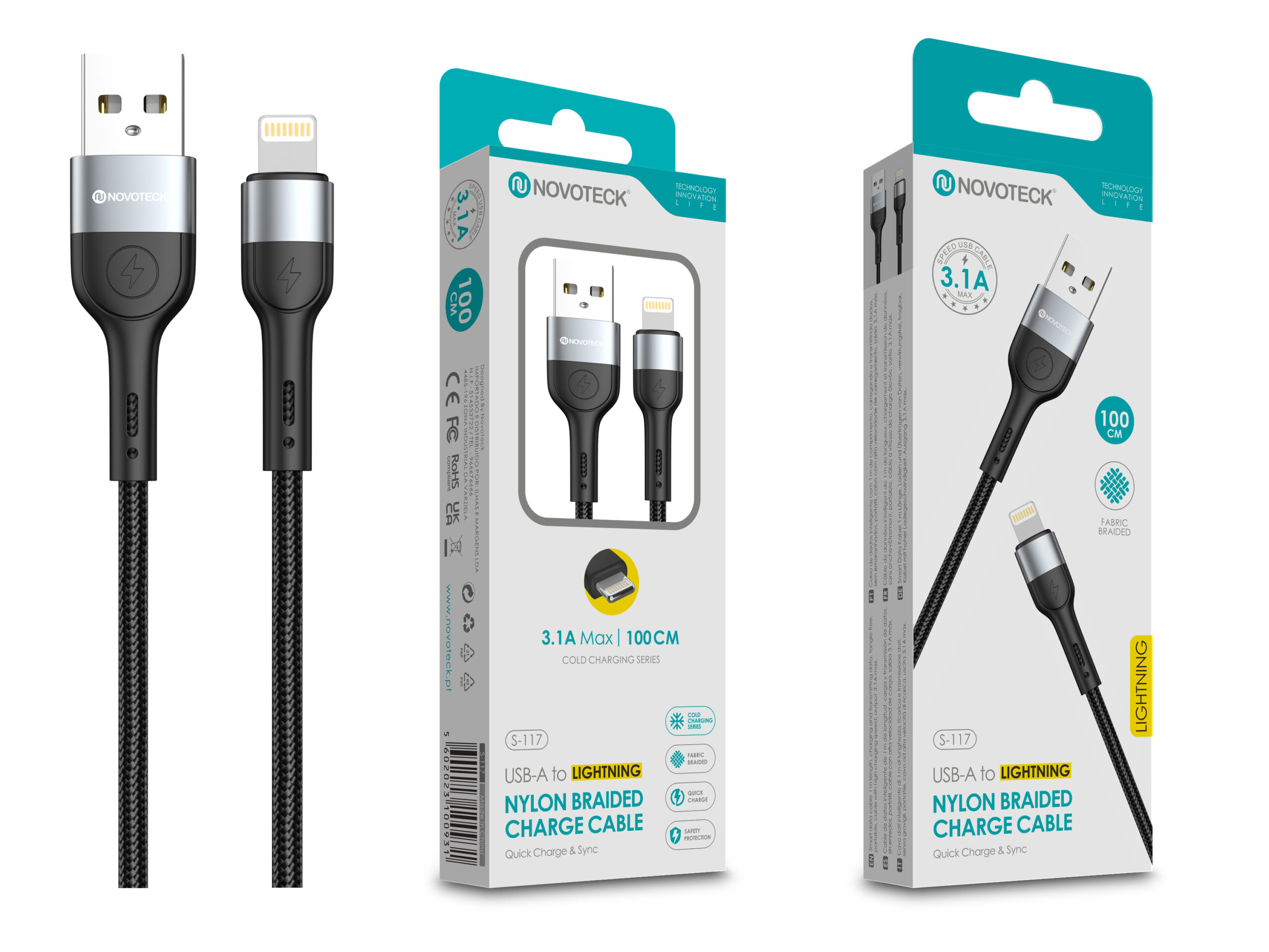 Cavo di ricarica nero da USB-A a Lightning con connettori argento e treccia in tessuto.