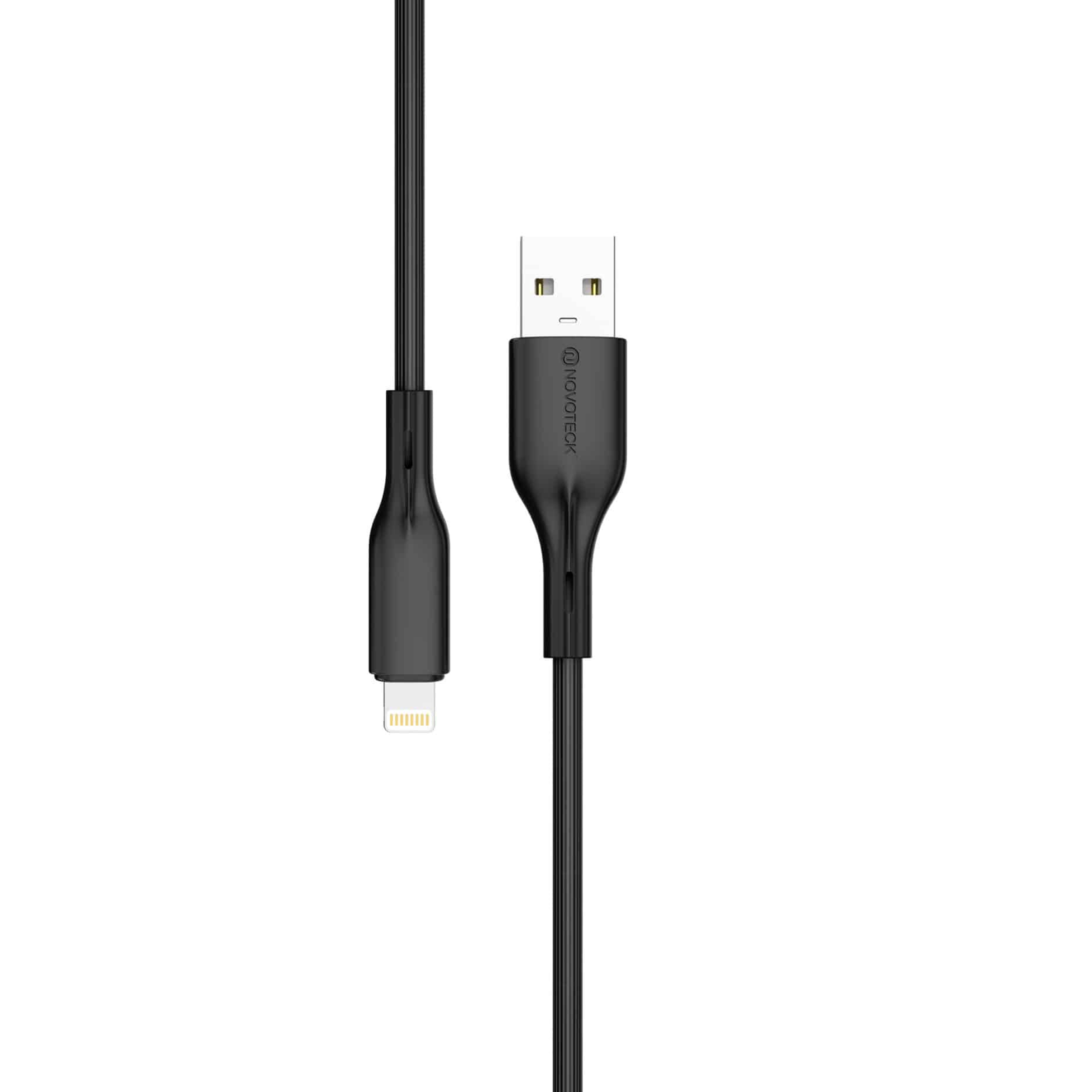 Cavo nero da USB-C a Lightning con connettori argentati.