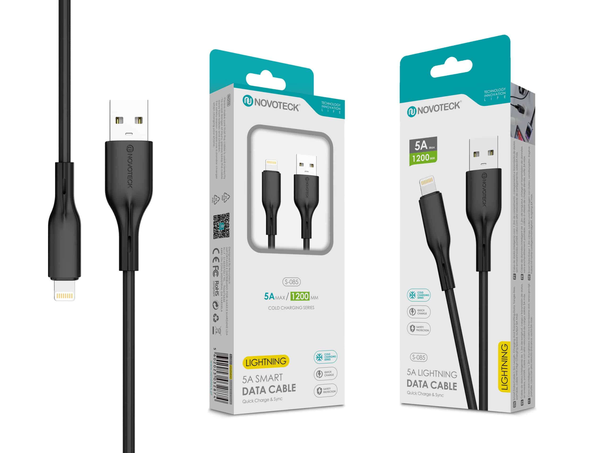 Cavo di ricarica nero con connettori USB-A e Lightning, confezionato.