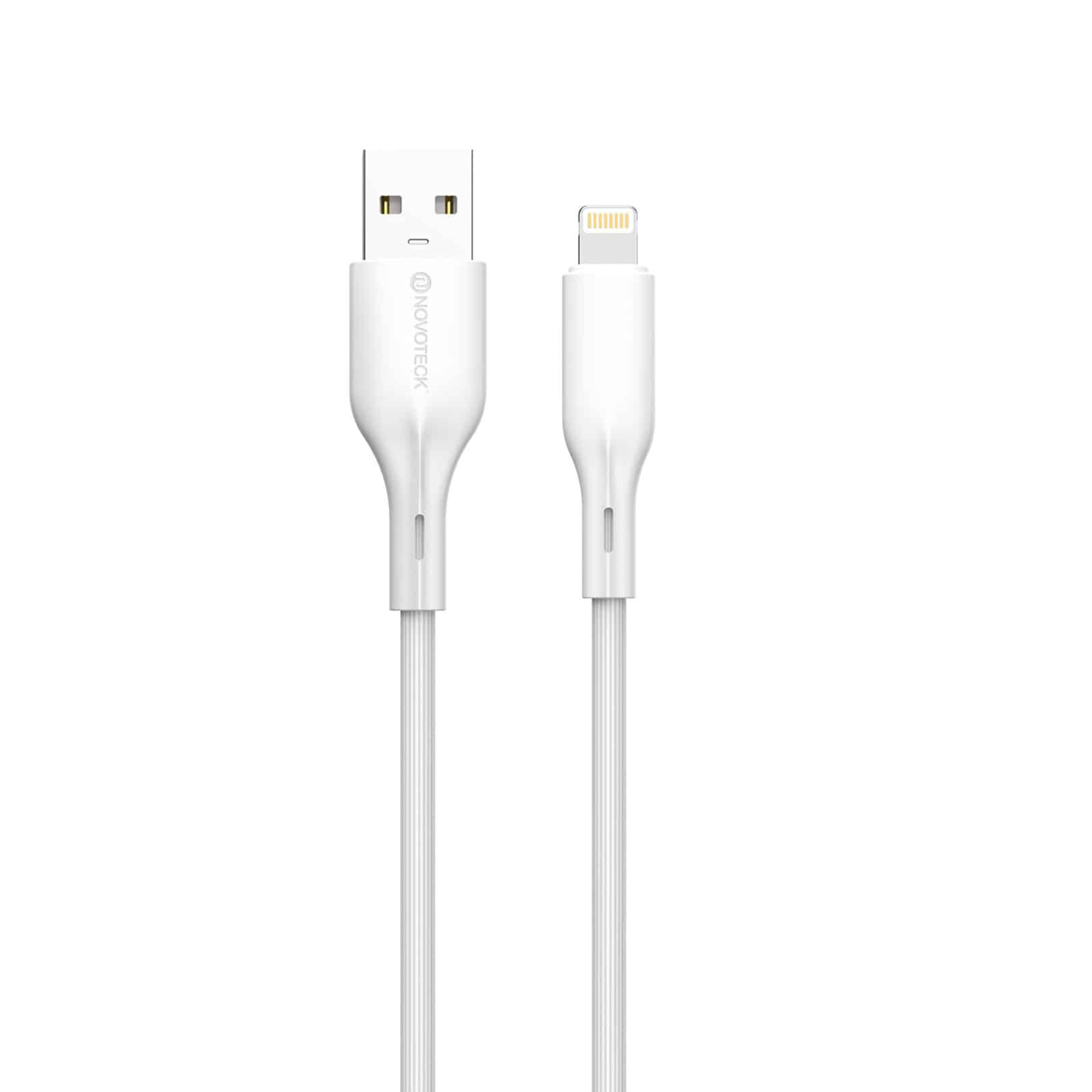 Un cavo da USB a Lightning bianco con entrambi i connettori uno accanto all'altro.