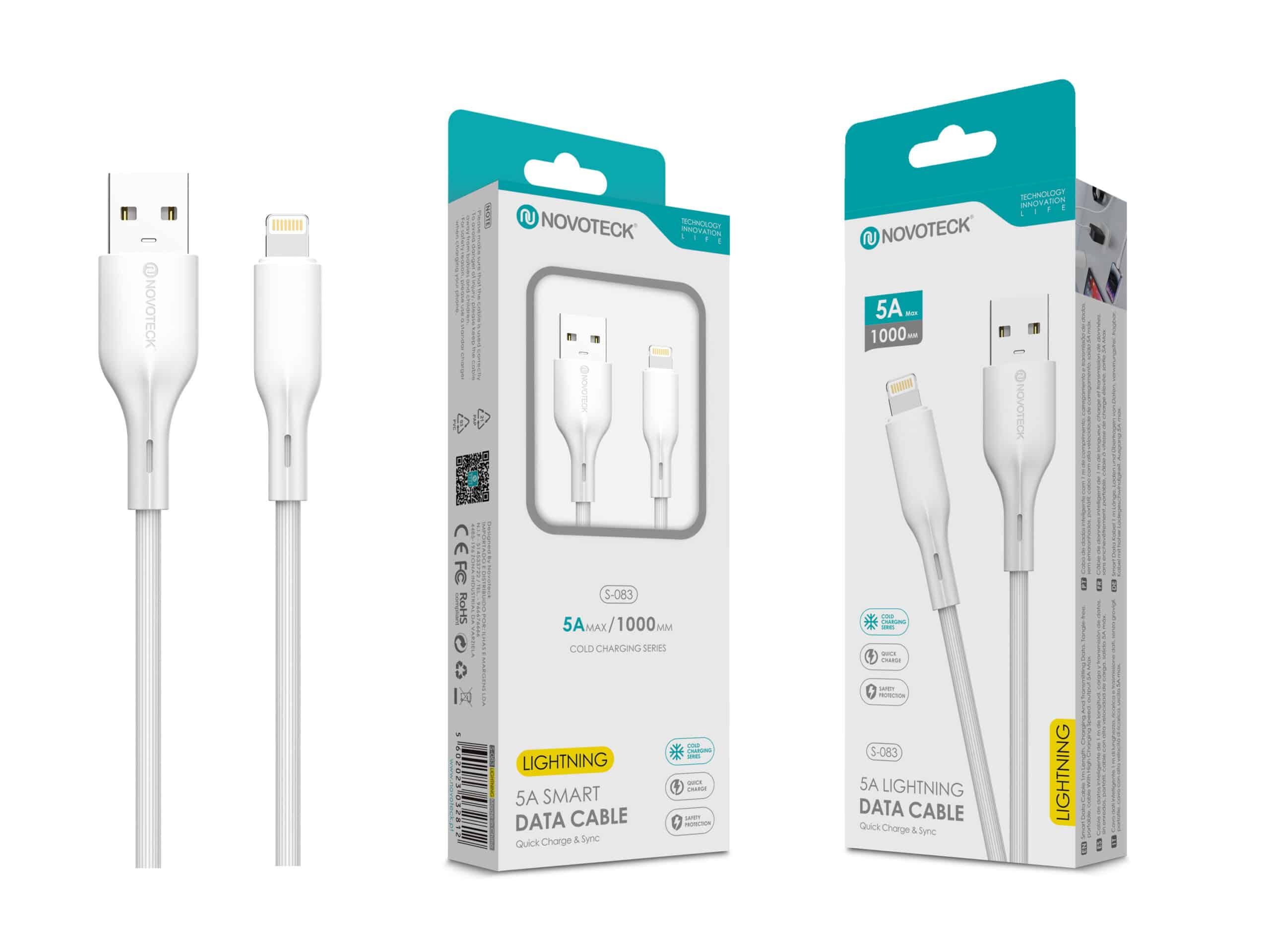 Sono visibili due cavi dati Lightning Novoteck bianchi e la loro confezione.