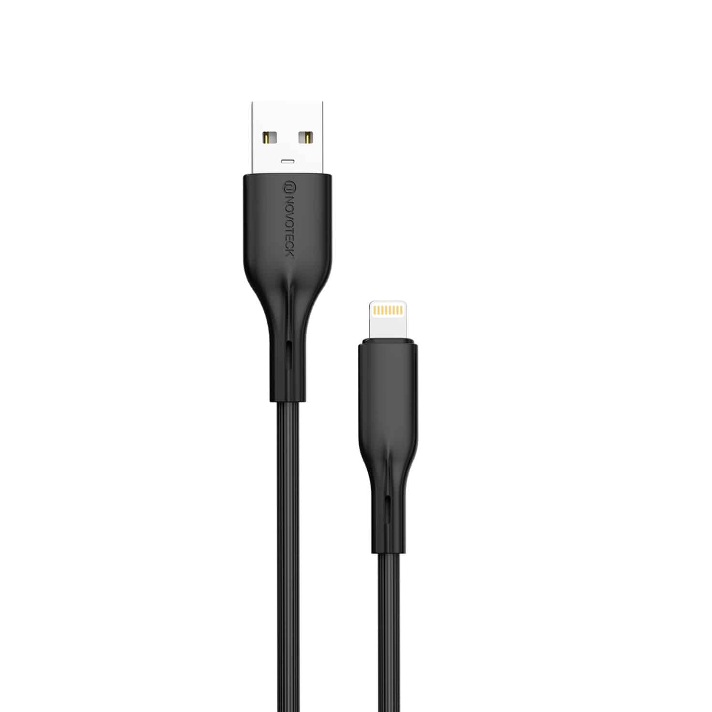 Un cavo USB-A a Lightning nero con entrambi i connettori visibili.