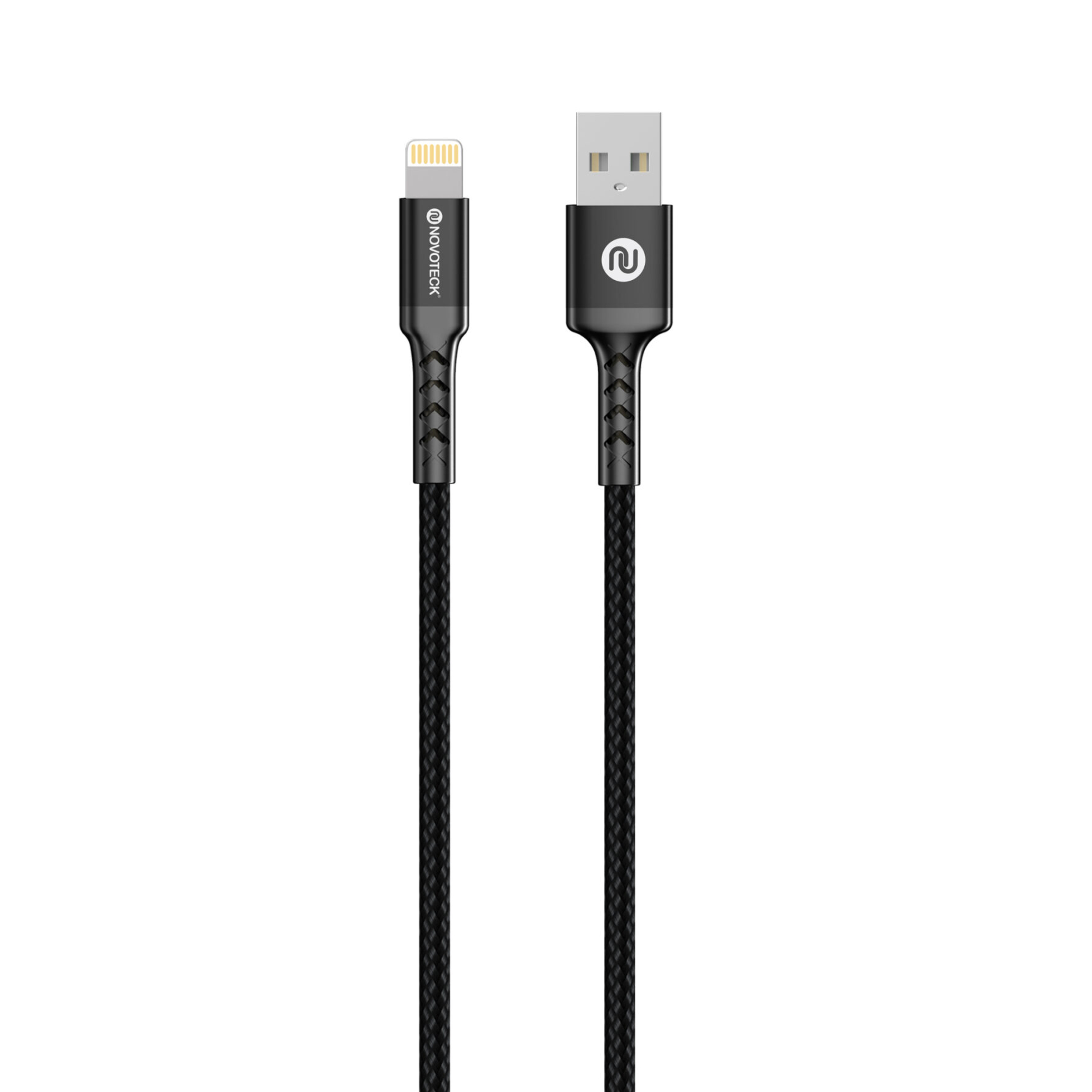 Un cavo di ricarica nero con connettori Lightning e USB.