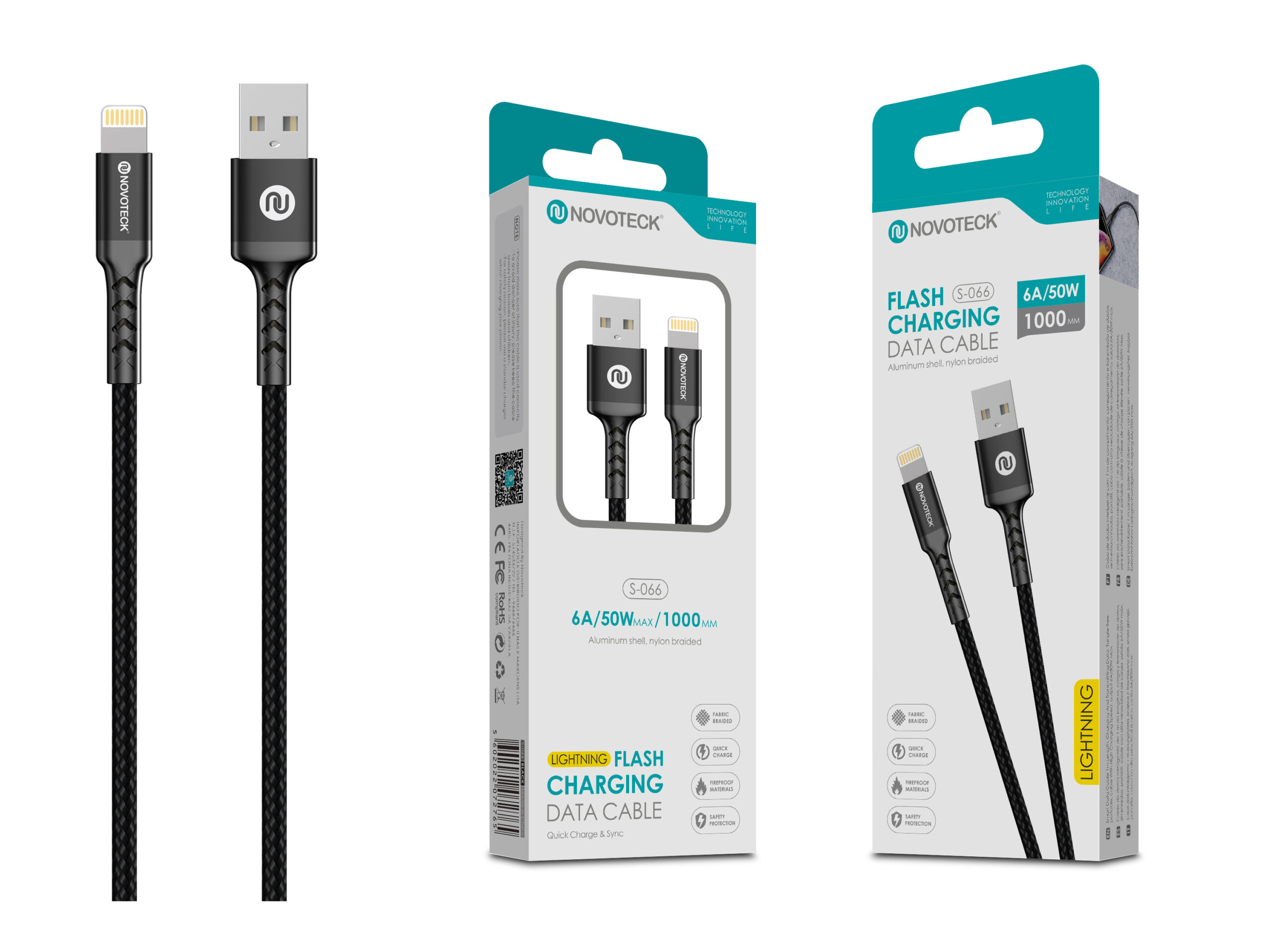 Due cavi di ricarica Novoteck neri con connettori USB-A e Lightning sono uno accanto all'altro.