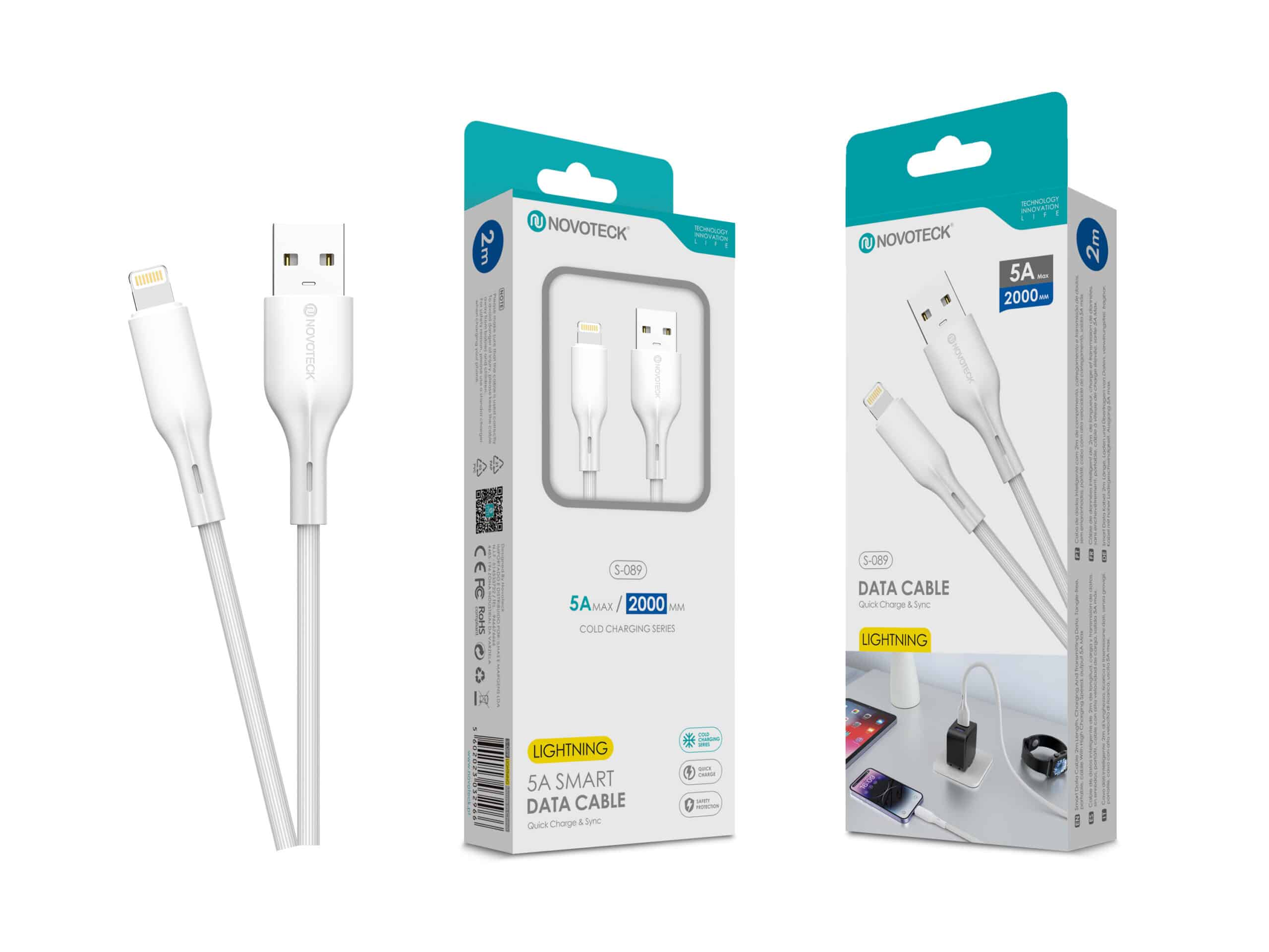 Cavi dati Lightning Novoteck bianchi (2m) in confezione e singolarmente.