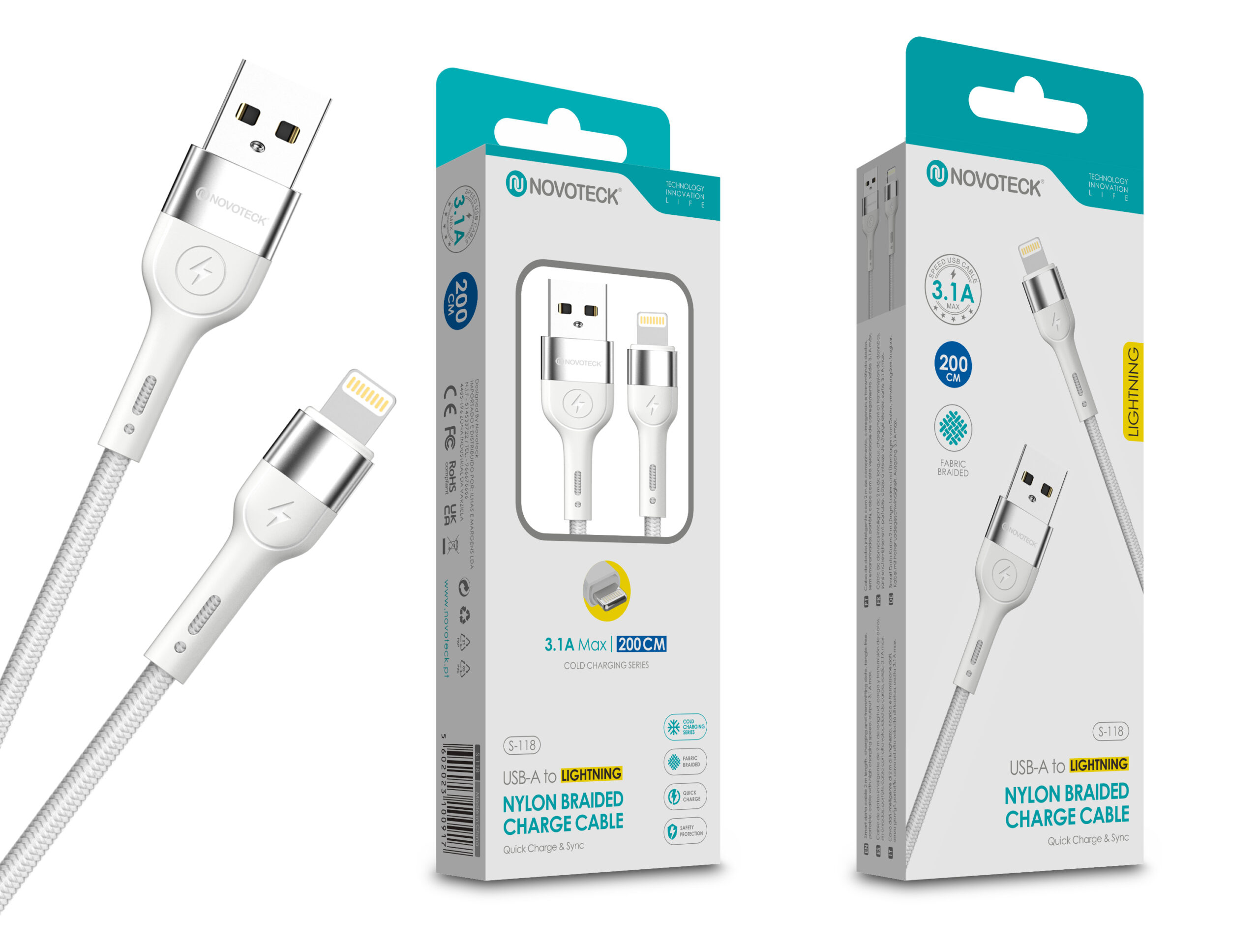 Due cavi di ricarica bianchi Novoteck da USB-A a Lightning, lunghi 200 cm.