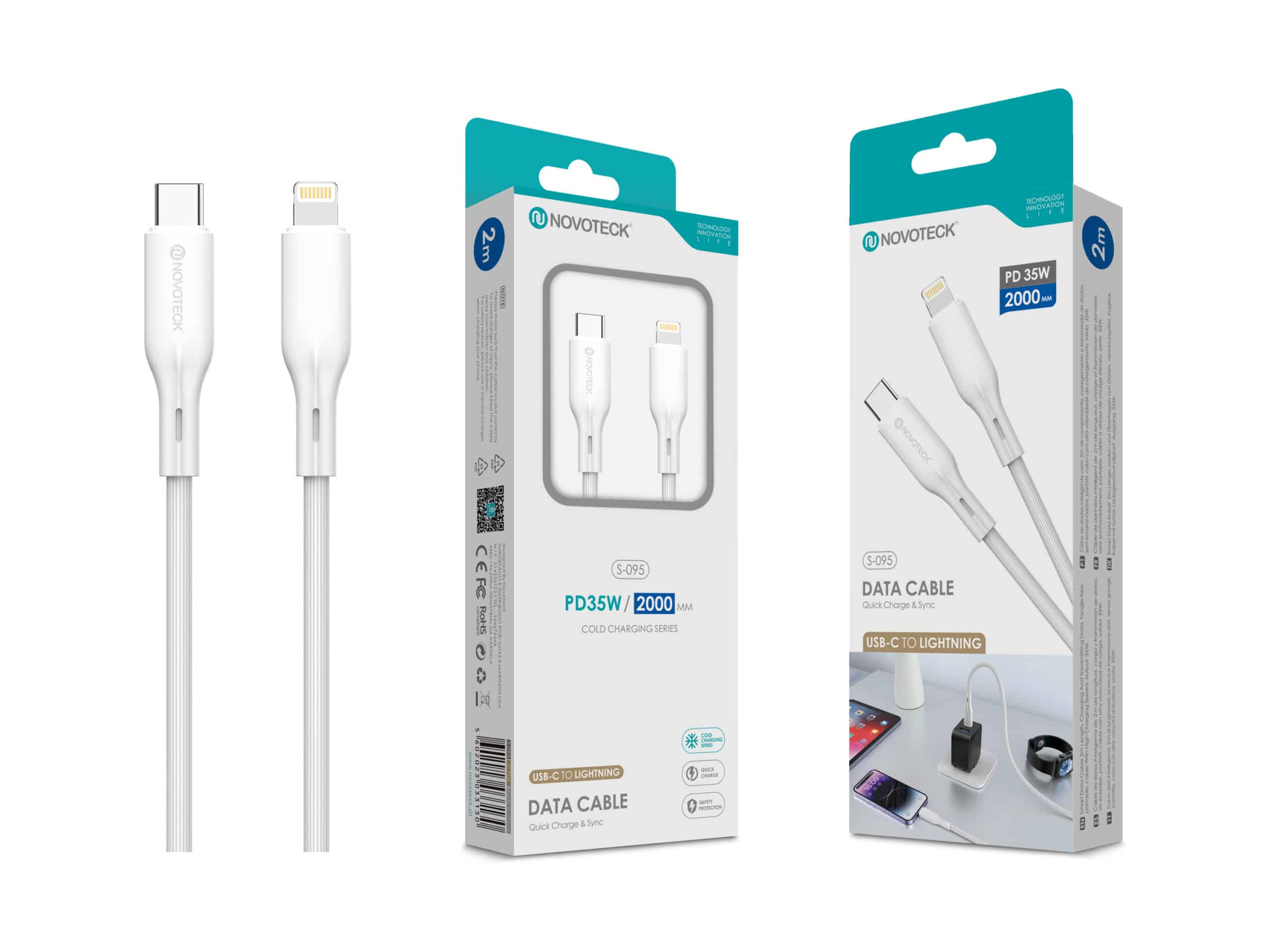 Cavi dati bianchi Novateck da USB-C a Lightning, 2m, 35W, su confezione.