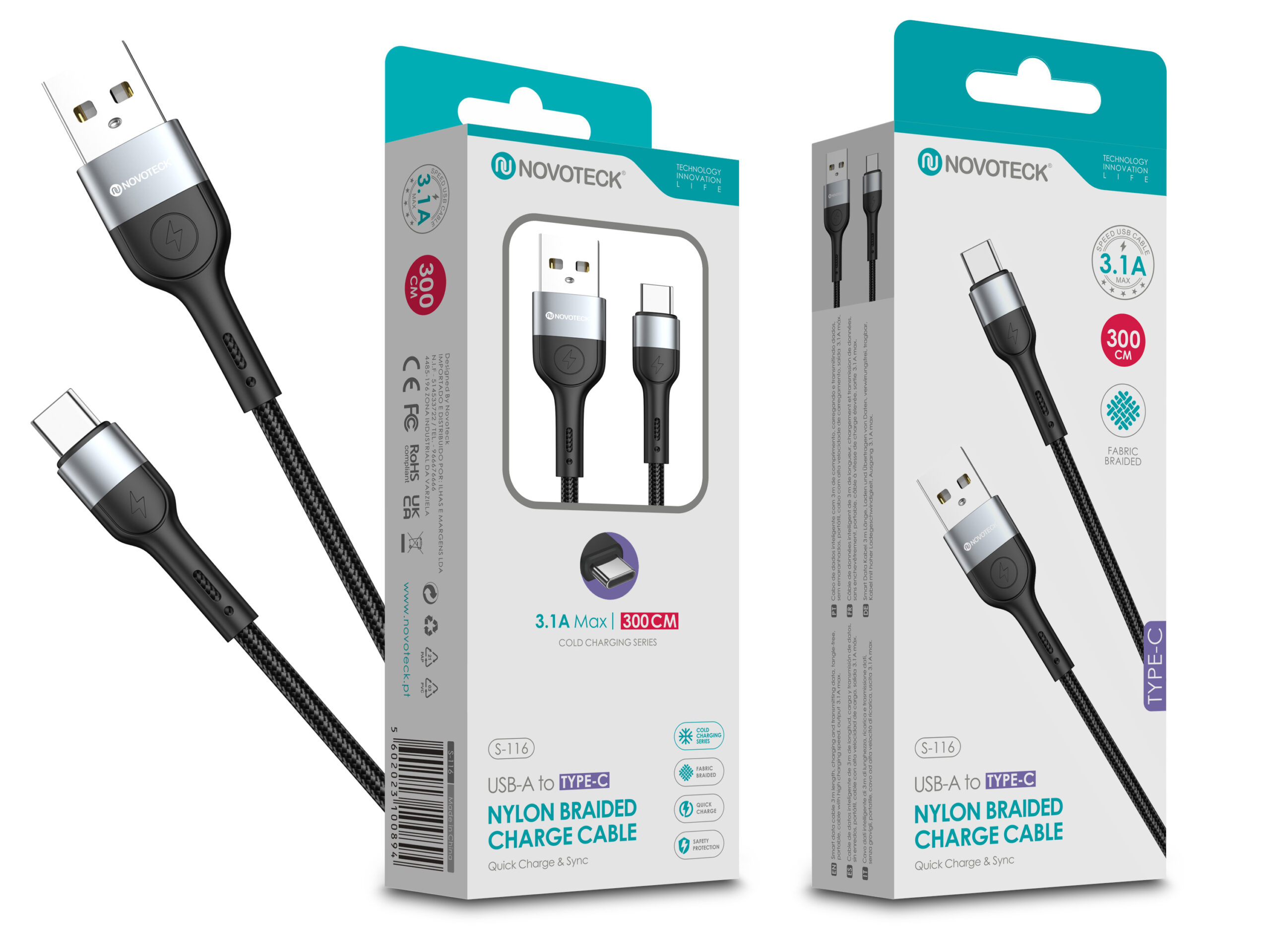 Cable Novoteck USB-A a Tipo-C, 3m, negro, trenzado, carga rápida 3.1A.