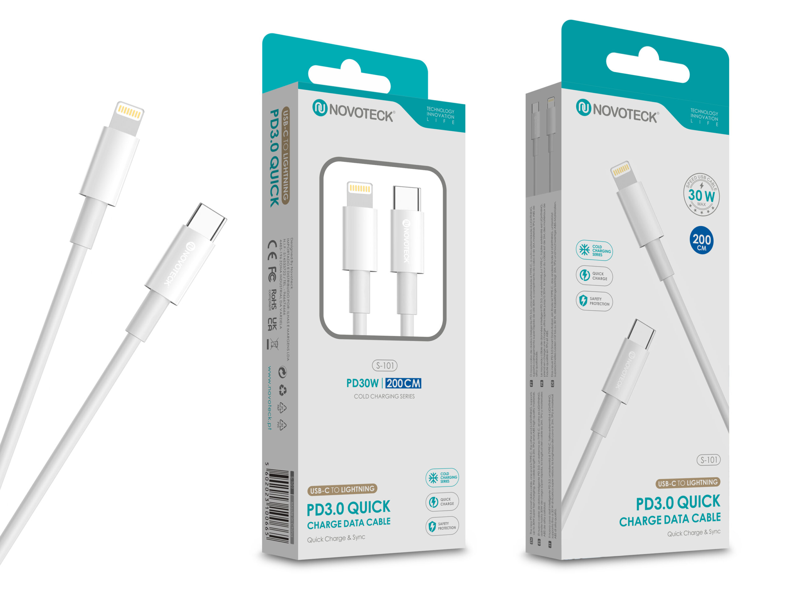 Confezione con cavi bianchi da USB-C a Lightning, 30W, 2M. Logo Novoteck.