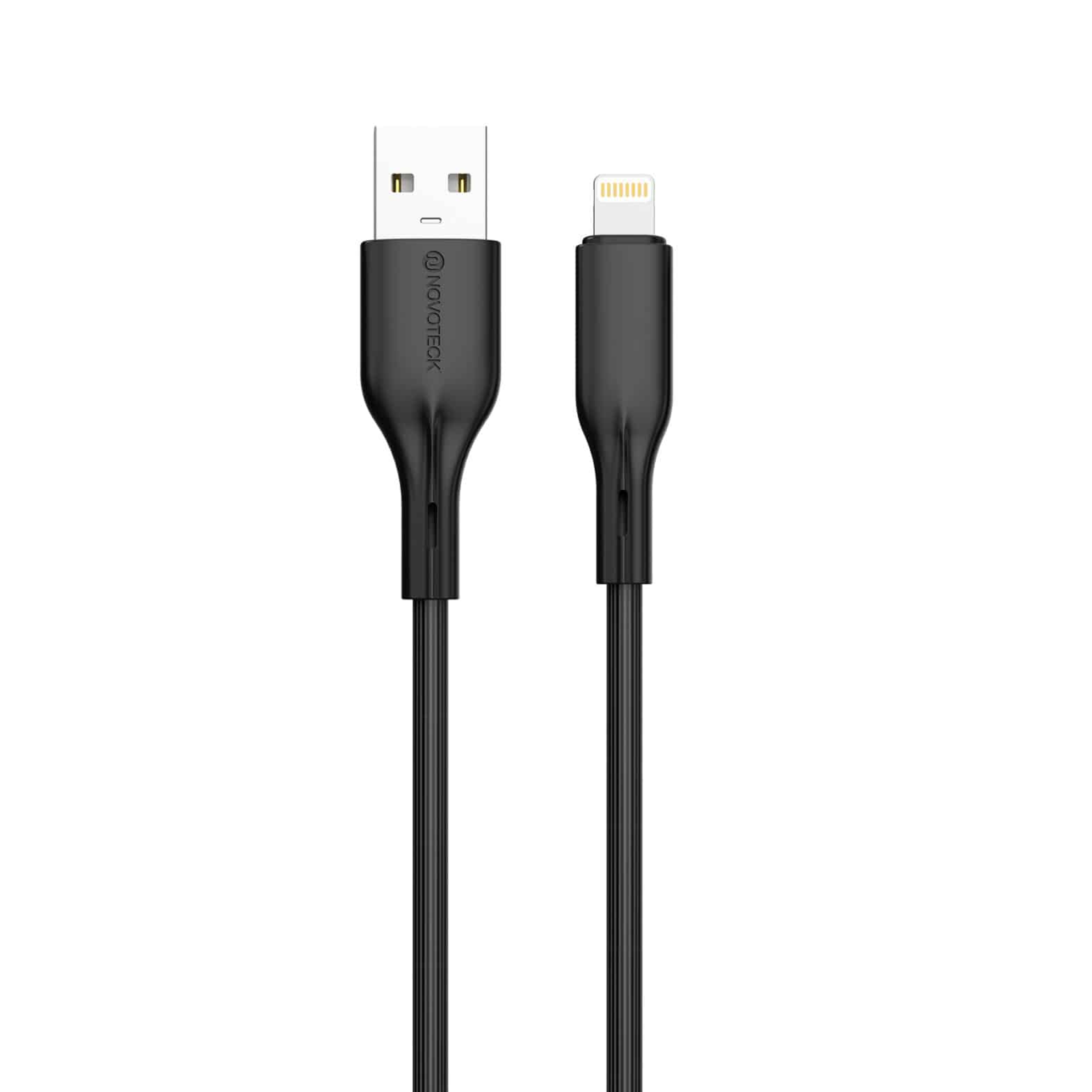 Un cavo nero da USB a Lightning con entrambi i connettori visibili.