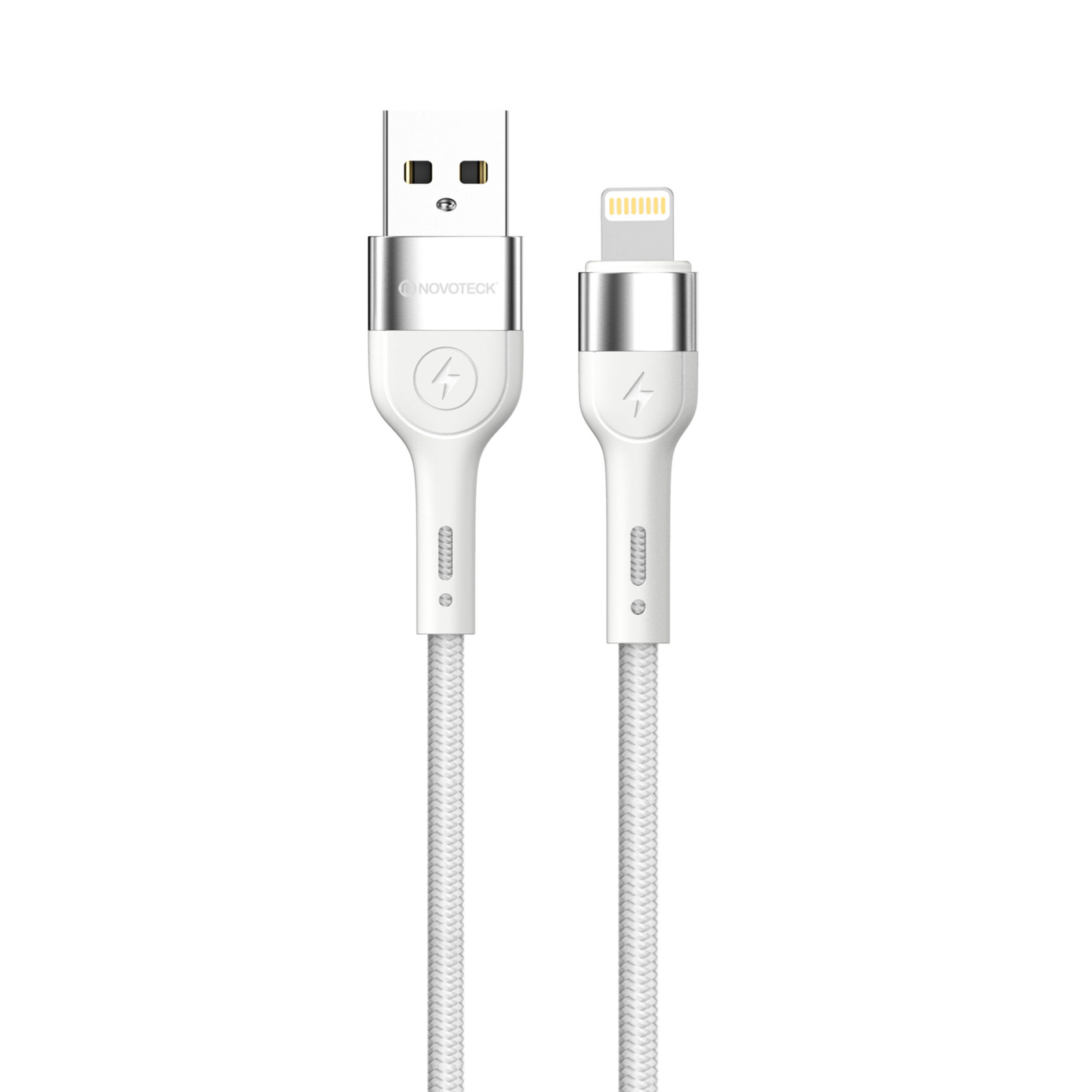 Un cavo USB-C bianco con connettori argentati e simbolo fulmine.