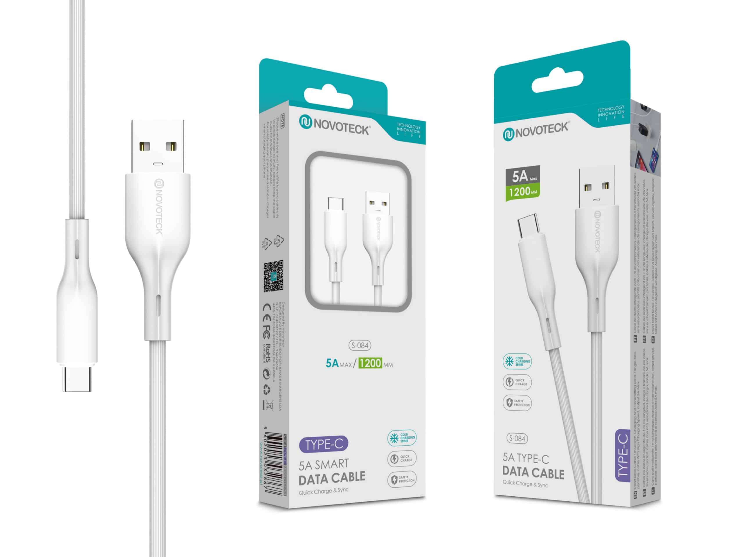 Dos cables USB-C blancos Novoteck con empaques, uno al lado del otro.