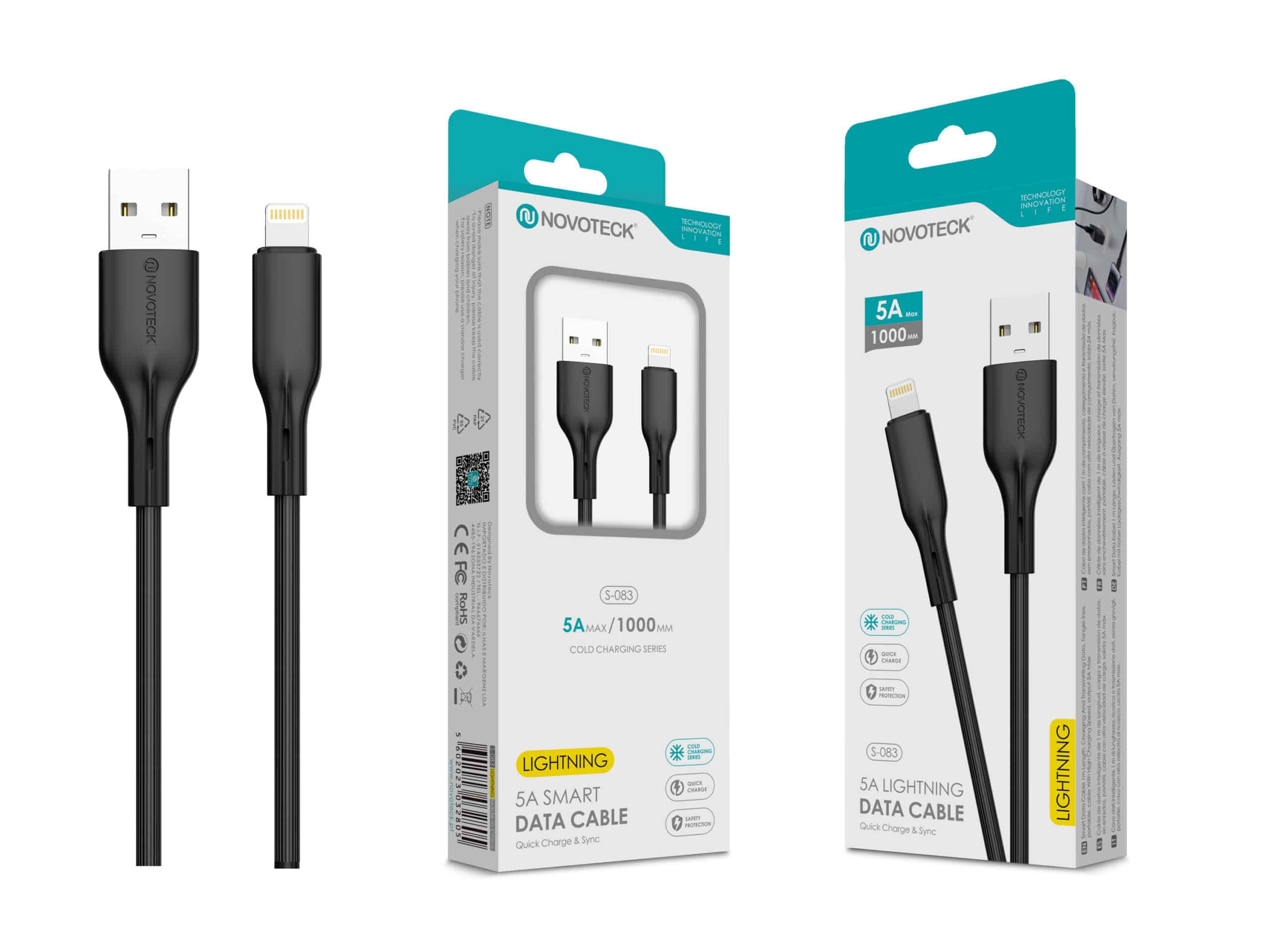 Due cavi di ricarica Novoteck neri con connettori USB-A e Lightning.