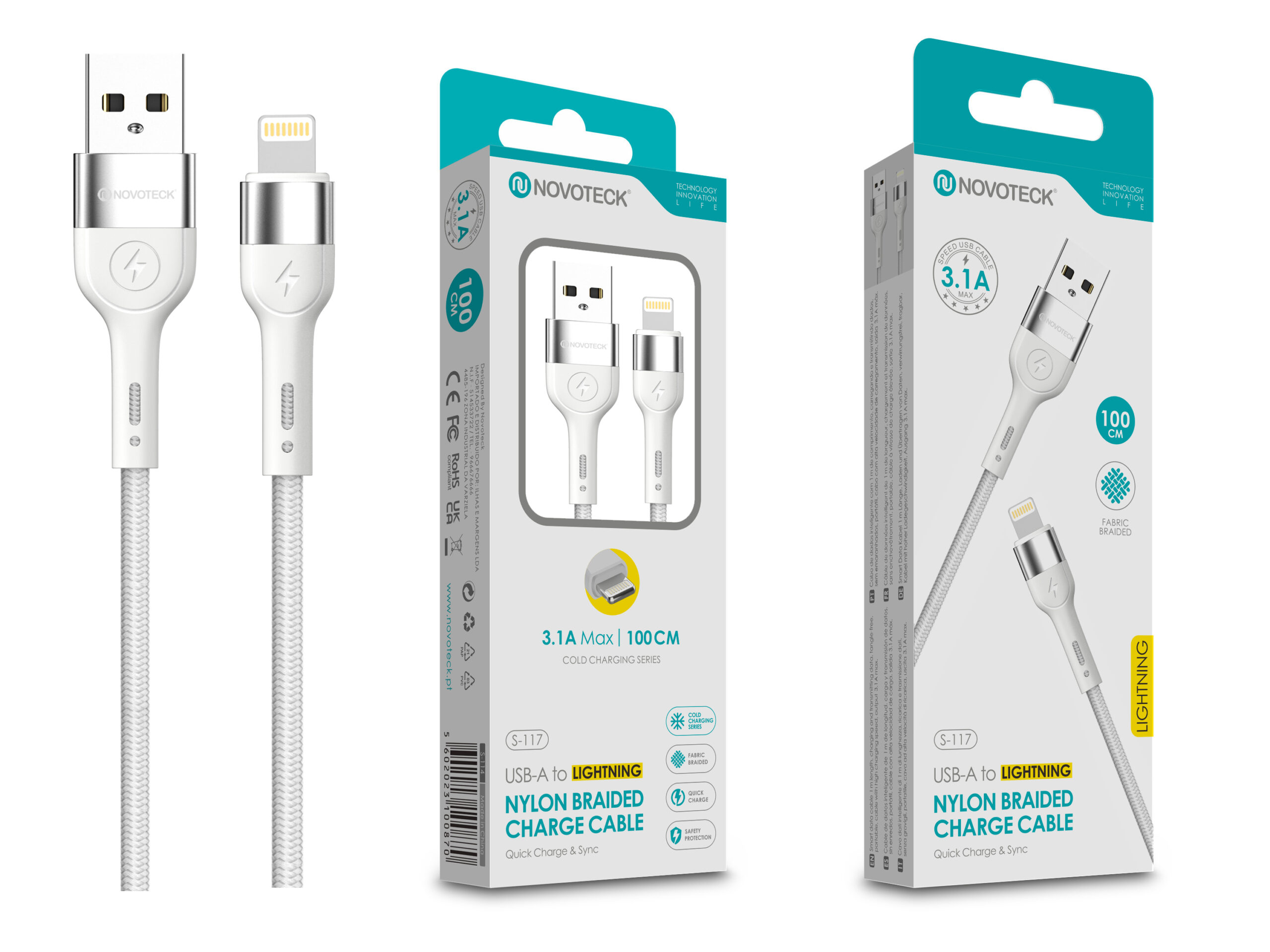 Cavi di ricarica Novoteck bianchi con connettori USB-A e Lightning, 100cm.