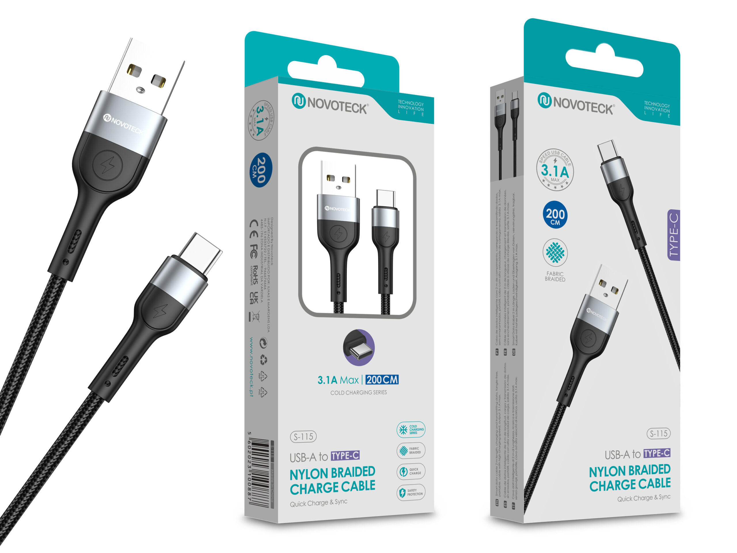 Cable Novoteck USB-A a USB-C, 2m, 3.1A, negro, trenzado tela.