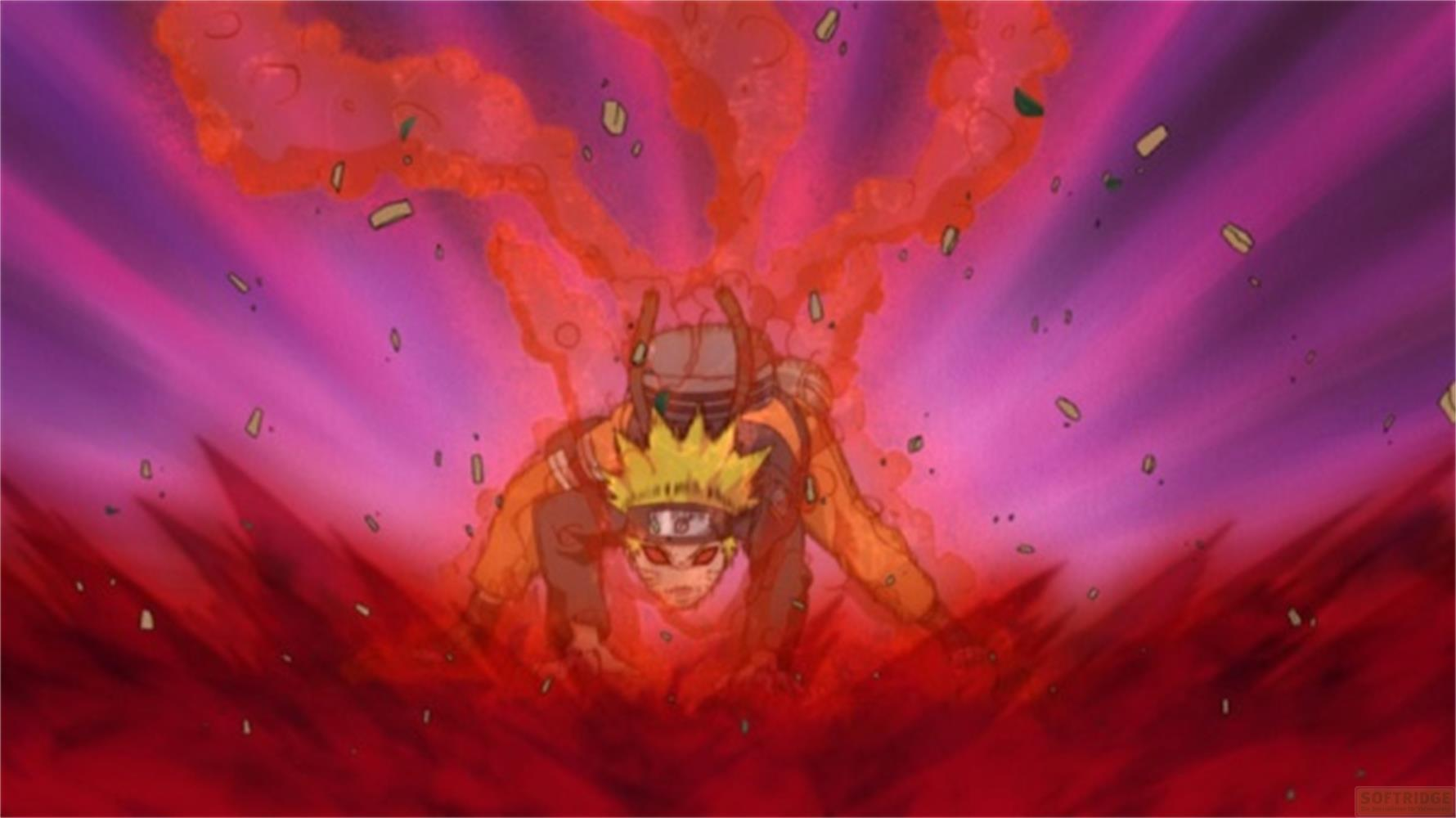 Naruto in abiti arancioni si inginocchia con effetti di energia rossi intorno a lui.