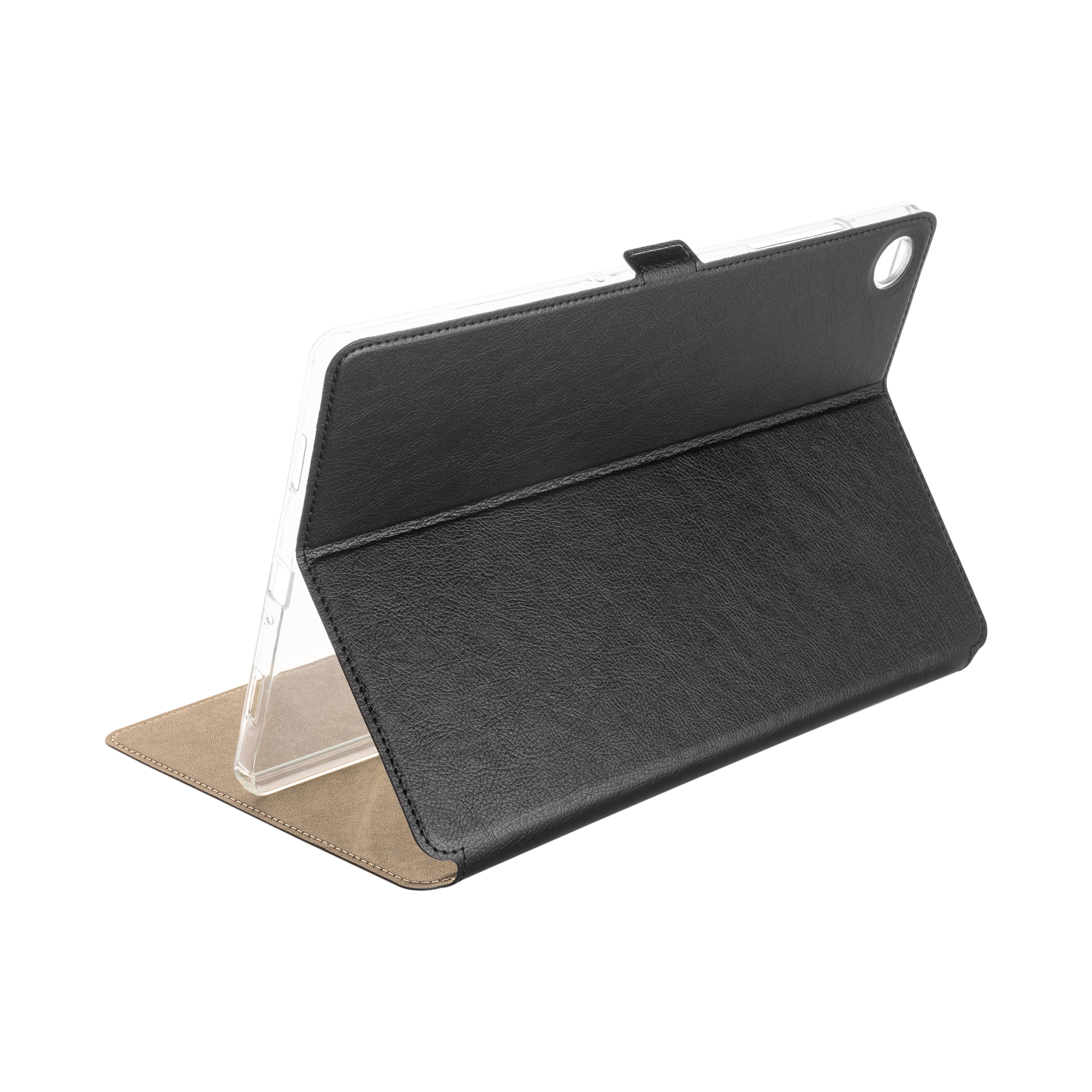 Ein schwarzes Tablet-Etui mit durchsichtigem Rahmen, aufgestellt auf einem beigen Hintergrund.