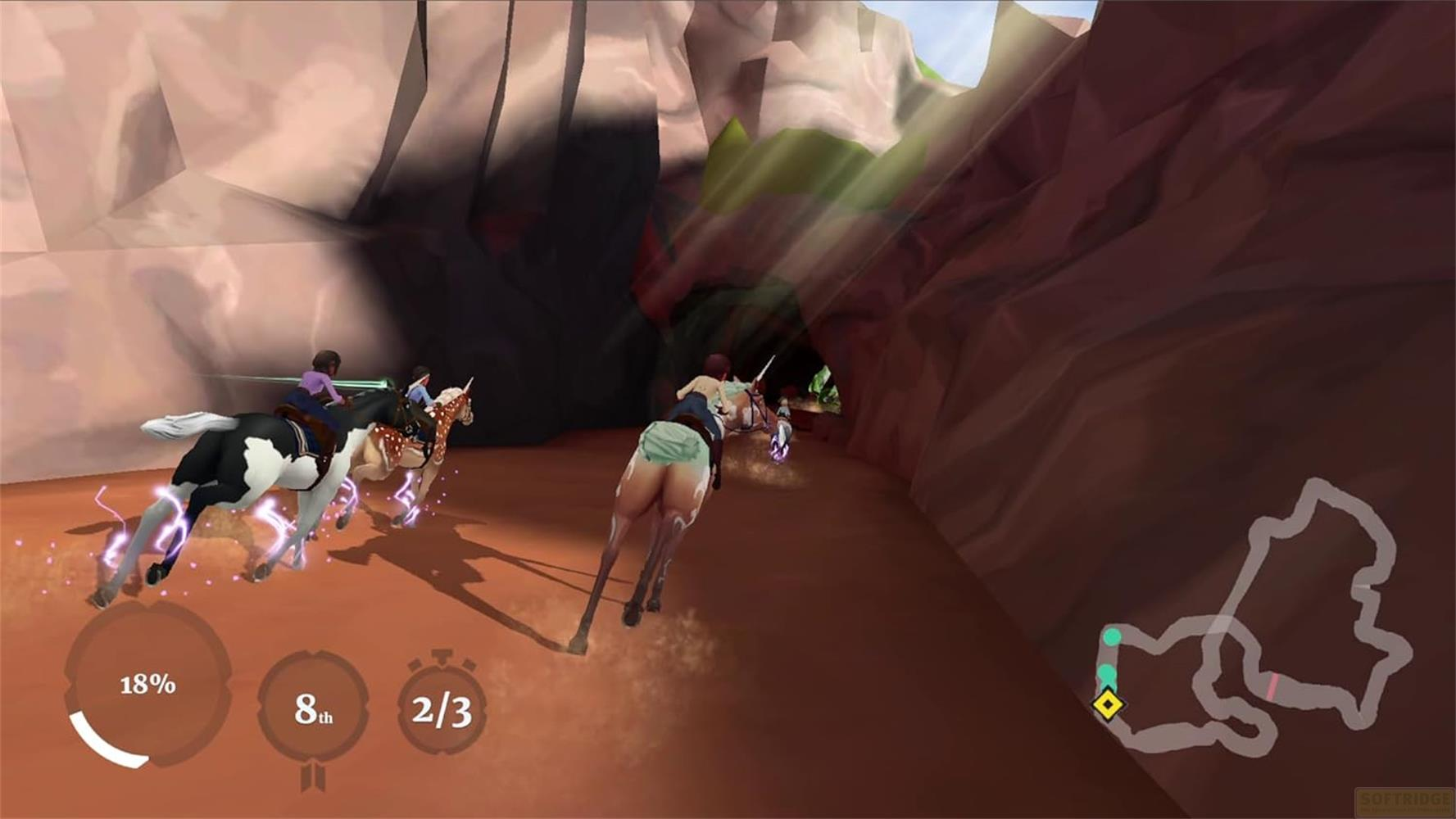 Chevaux de course avec cavaliers dans un canyon, 8ème place, 18%.