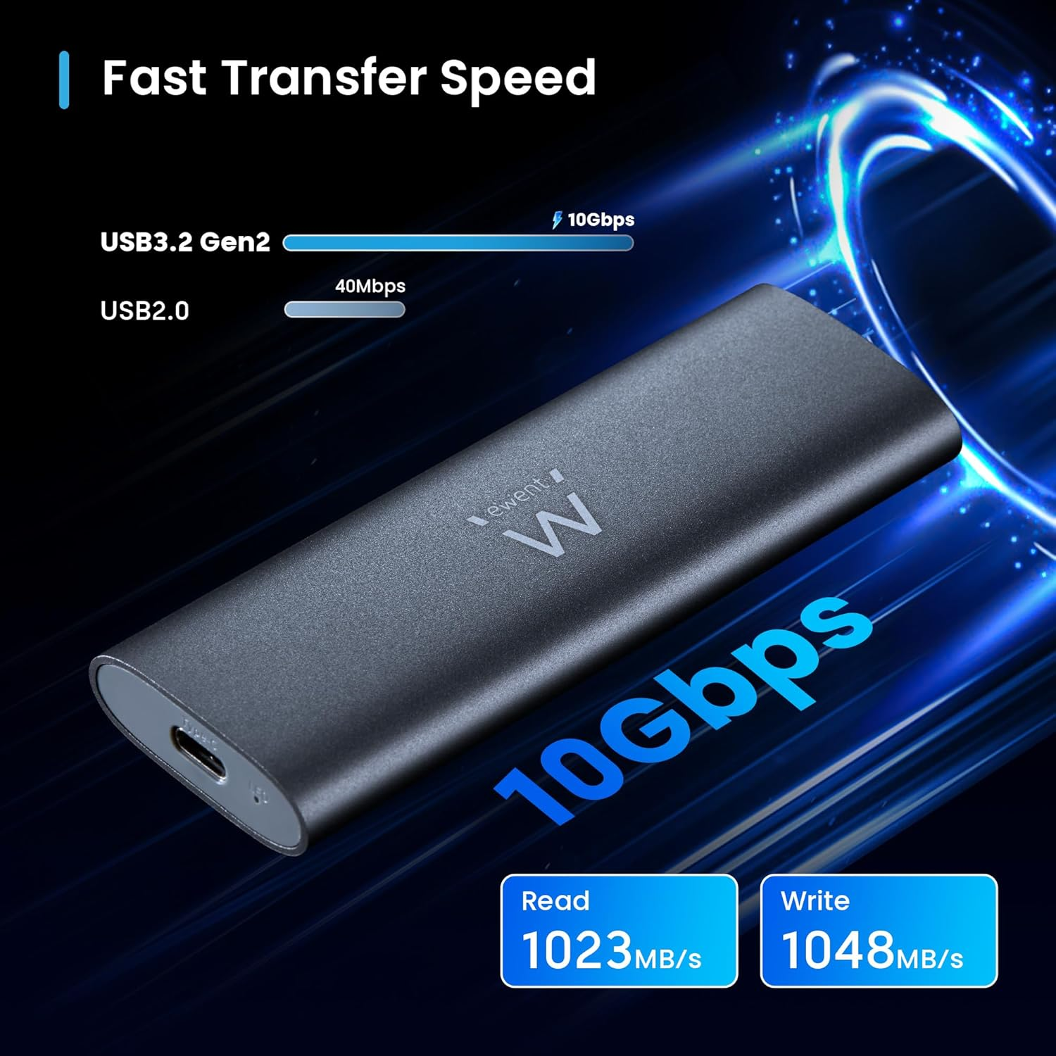 Un disco esterno scuro da 10 Gbps, Lettura 1023 MB/s, Scrittura 1048 MB/s.