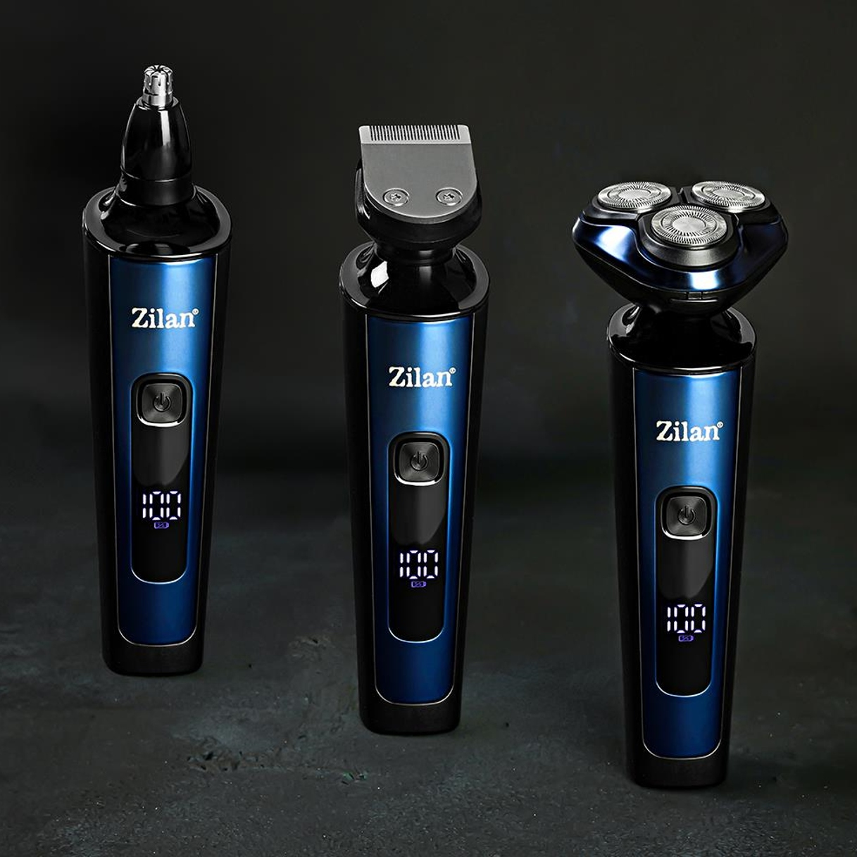 Trzy niebieskie golarki Zilan: do nosa, brody i obrotowe na ciemnym tle.