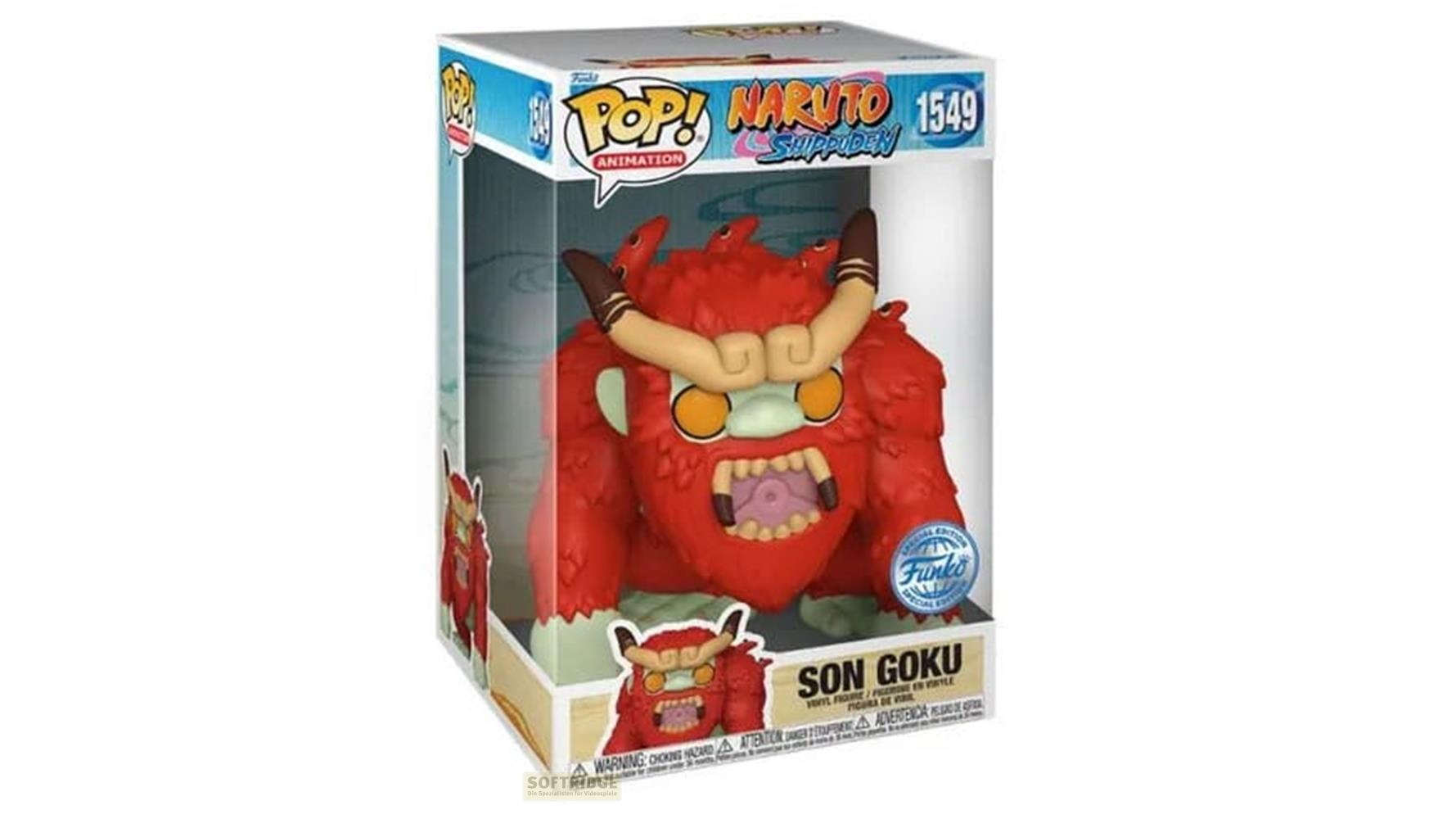Figura Funko Pop roja de Son Goku de Naruto Shippuden en embalaje.
