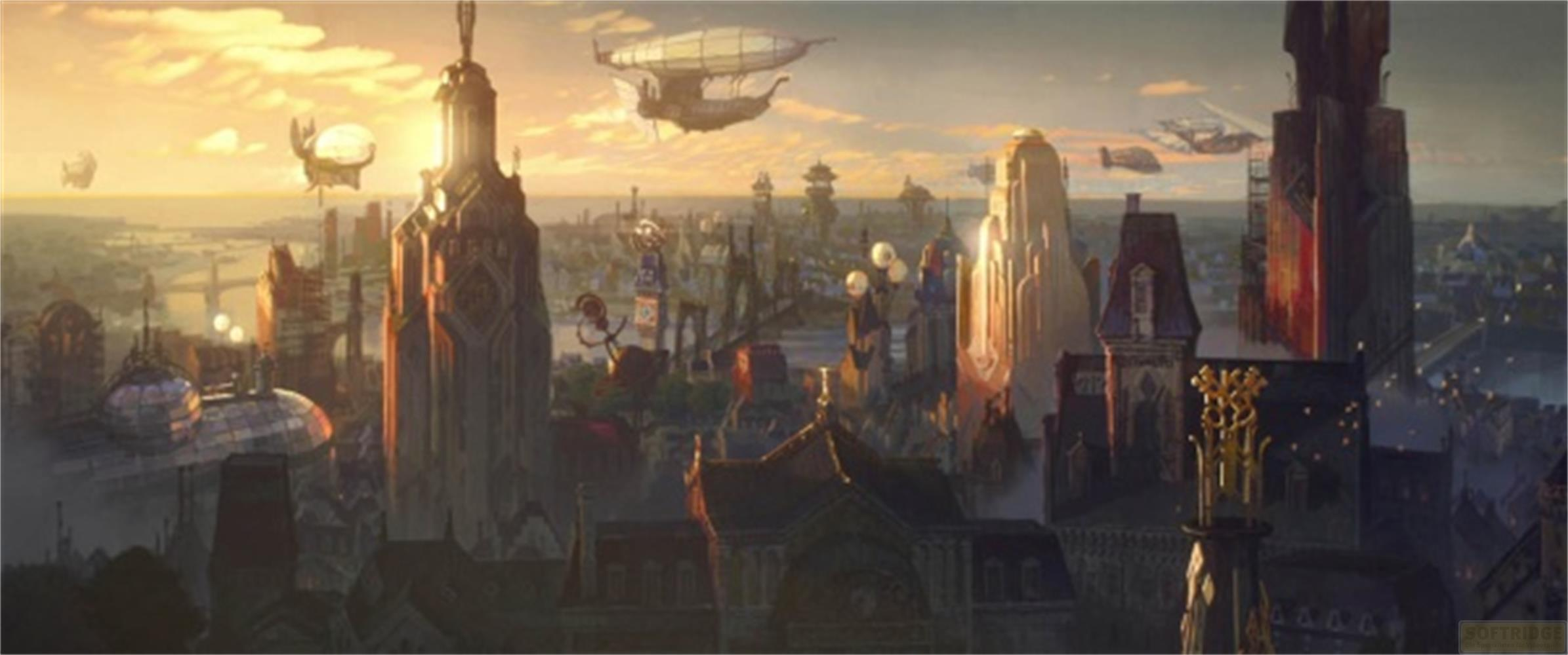 Eine Steampunk-Stadt mit hohen Türmen, Zeppelinen und Flugzeugen bei Sonnenuntergang.