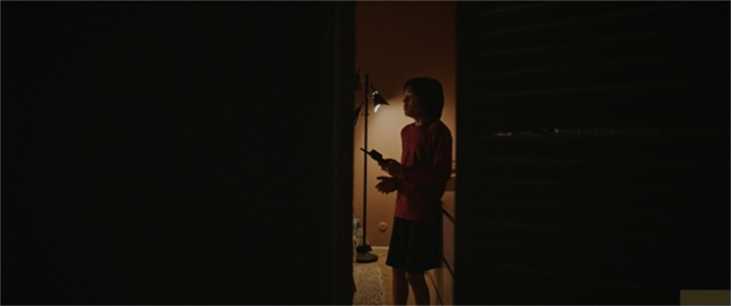 Un ragazzo in maglione rosso e pantaloncini tiene un dispositivo, illuminato da una lampada.