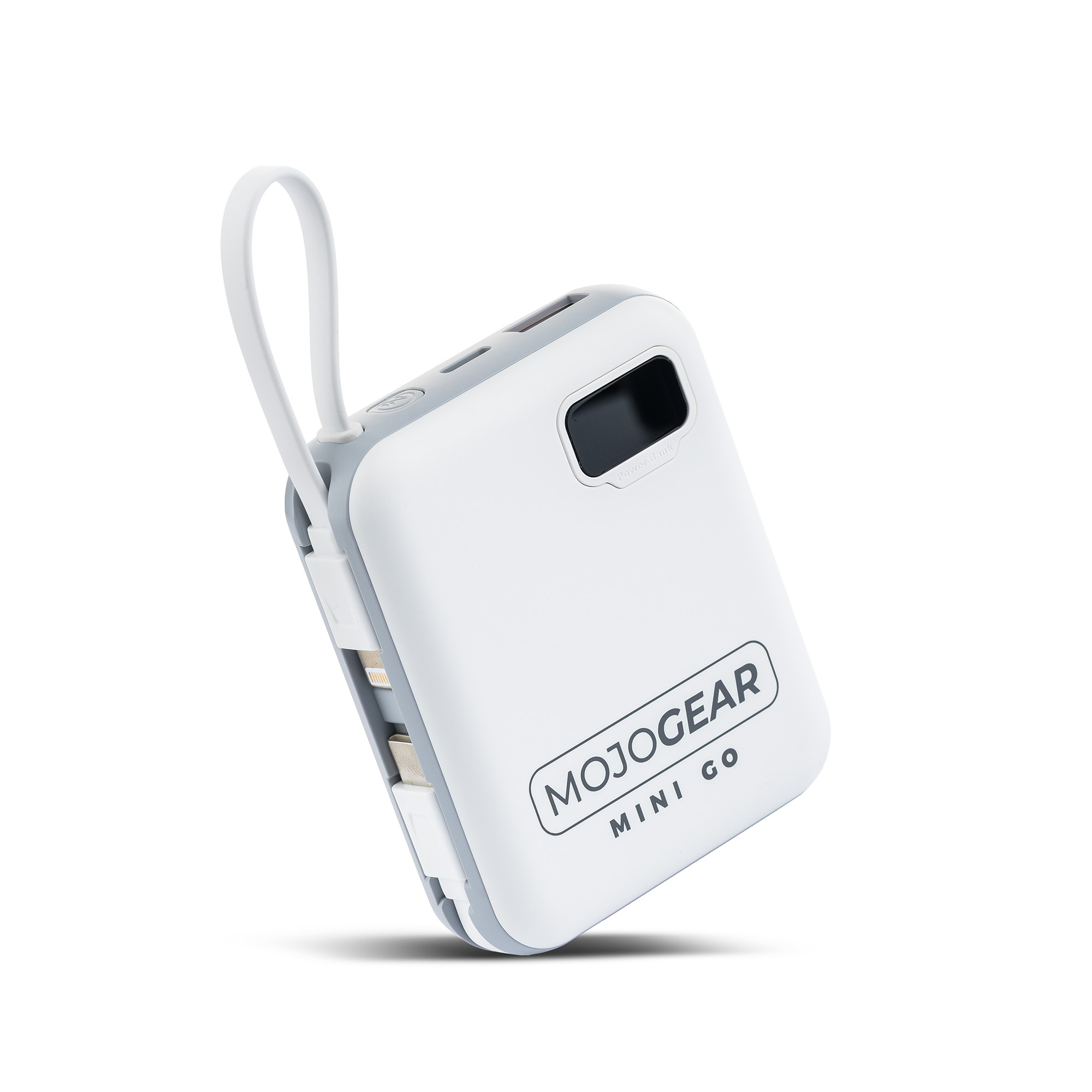 Ein weißer und grauer MojoGear Mini Go Powerbank mit weißem Riemen.
