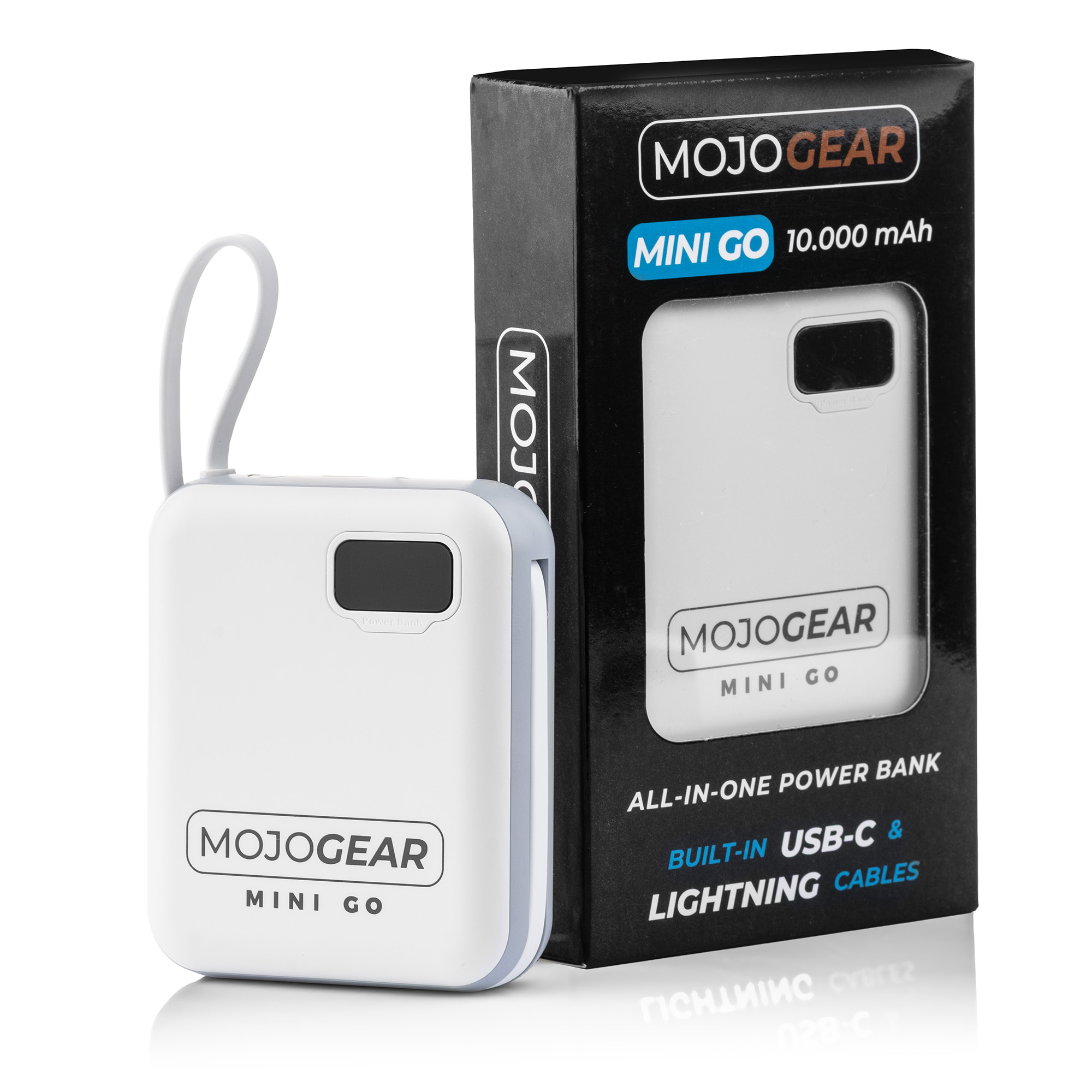 Ein weißes MOJOGEAR Mini Go Powerbank neben seiner Verpackung.