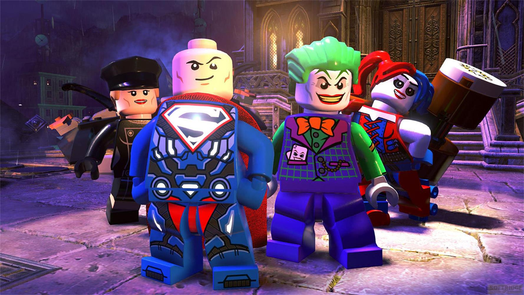 Figurines Lego : Superman, Joker, Harley Quinn et un homme au chapeau.