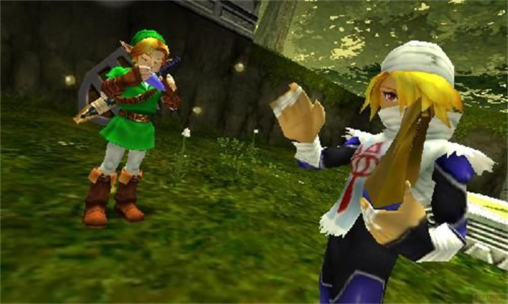 Link in grünem Outfit spielt eine Flöte, ein anderer Charakter hält einen Bogen.