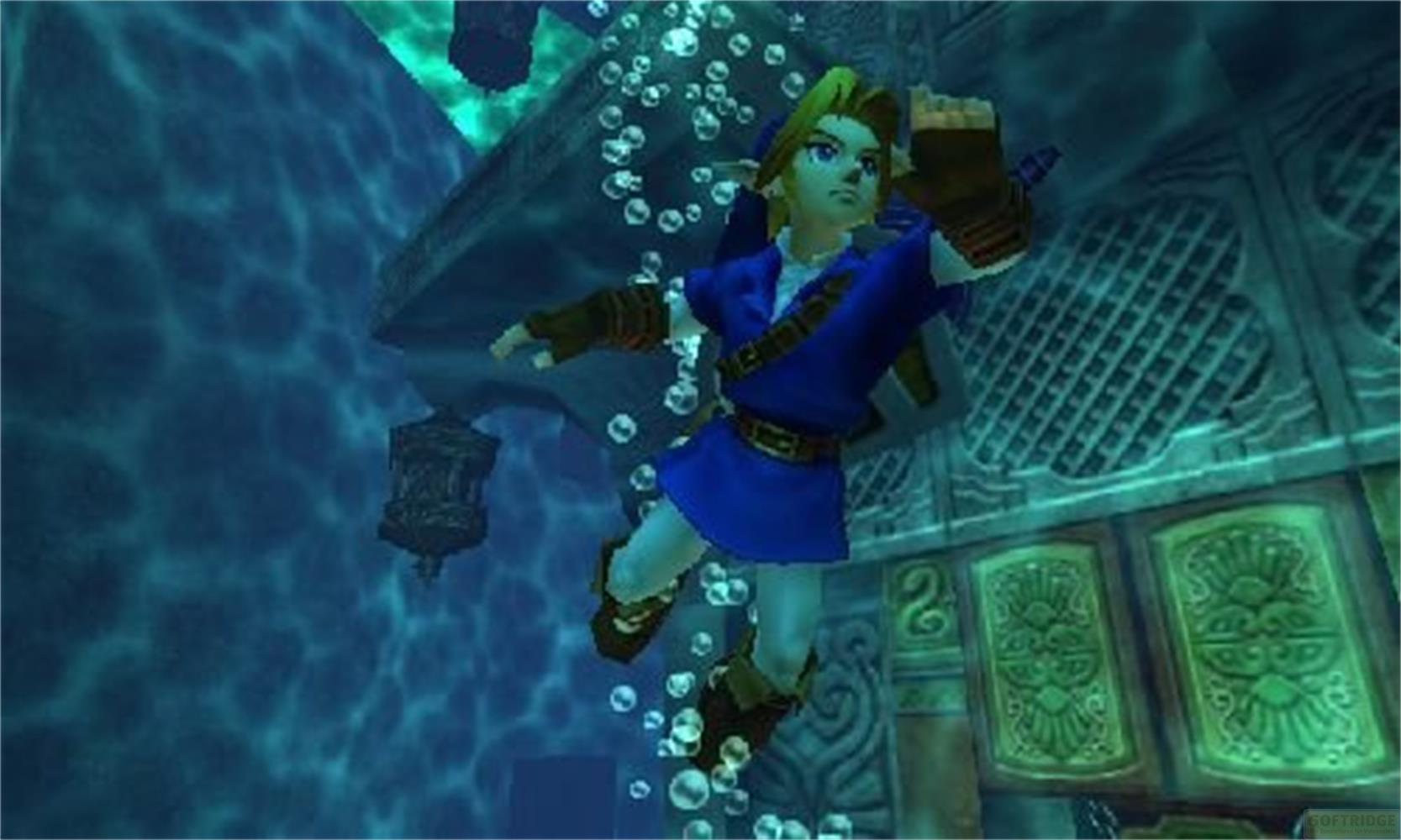 Link taucht in einer Unterwasserwelt mit Blasen und architektonischen Elementen auf.