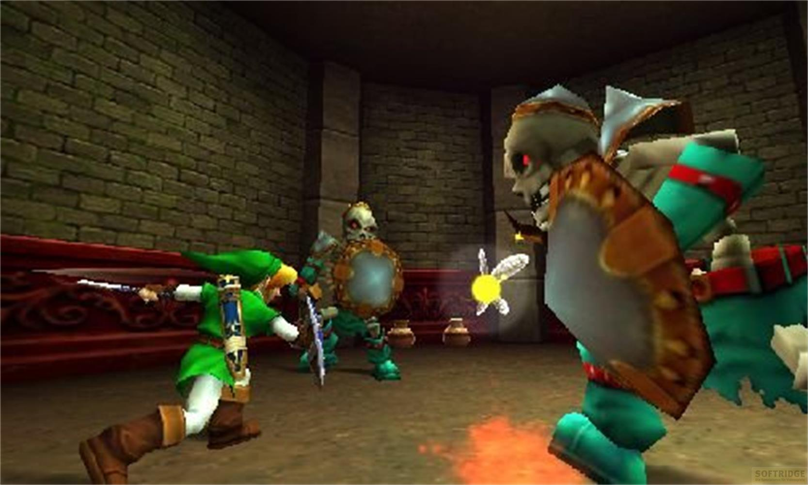 Link kämpft gegen Skelettkrieger in einem Raum mit Ziegelwänden und einem kleinen Feenwesen.