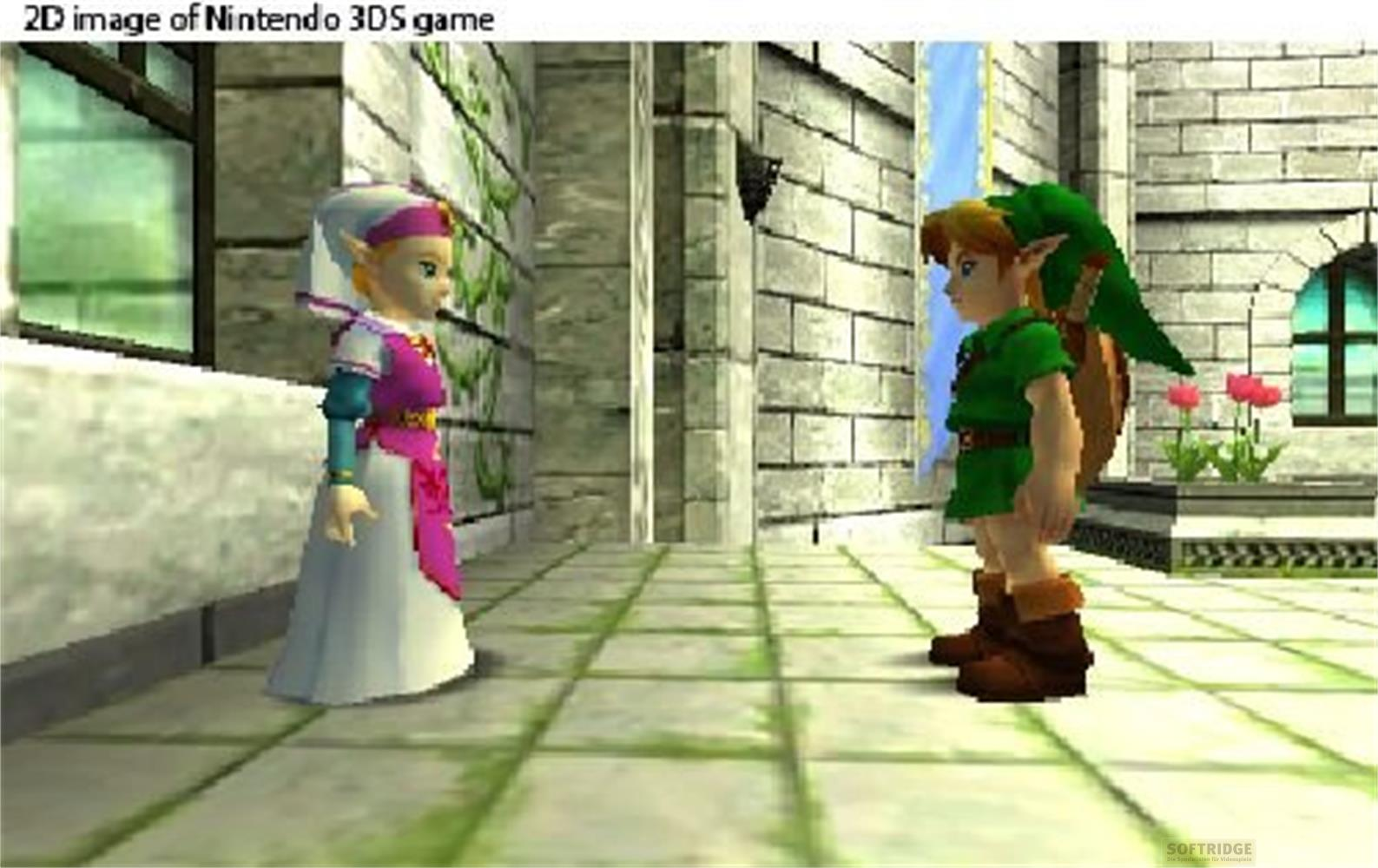 Link und Zelda stehen sich in einer Steinkirche gegenüber. Link trägt Grün, Zelda trägt Weiß und Pink.