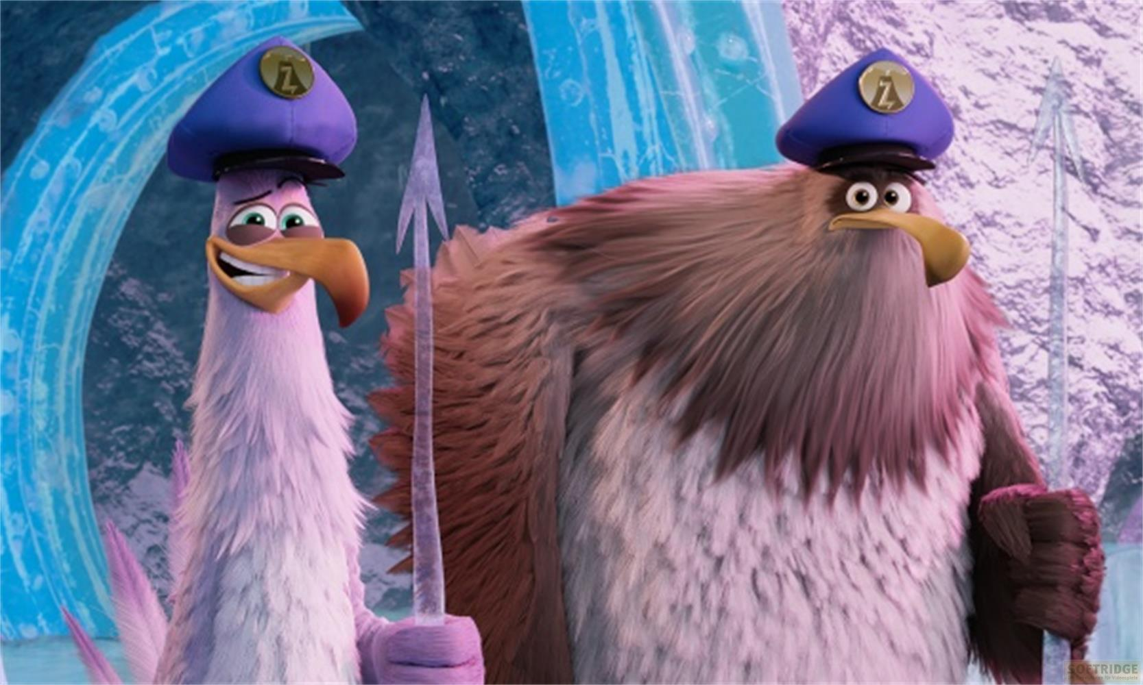 Zwei Vögel in Uniformen mit Speeren vor eisiger Kulisse.
