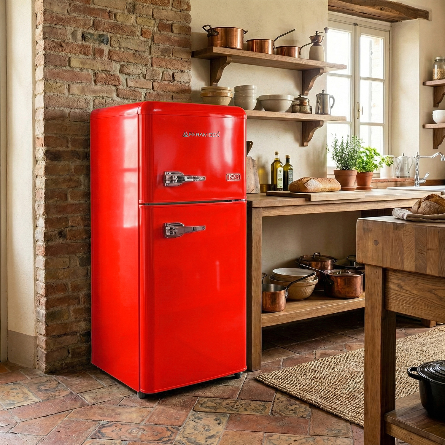 Un frigorifero retrò rosso in una cucina rustica con muro di mattoni e piano di lavoro in legno.